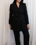 80s Escada by Margaretha Ley Black Pinstriped Long Jacket & Fitted Pant Suit
