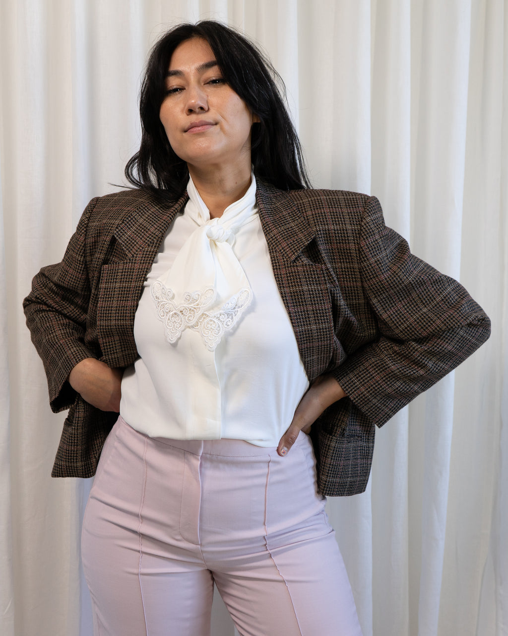 1980s Elisabeth Plaid Cropped Single Button Blazer