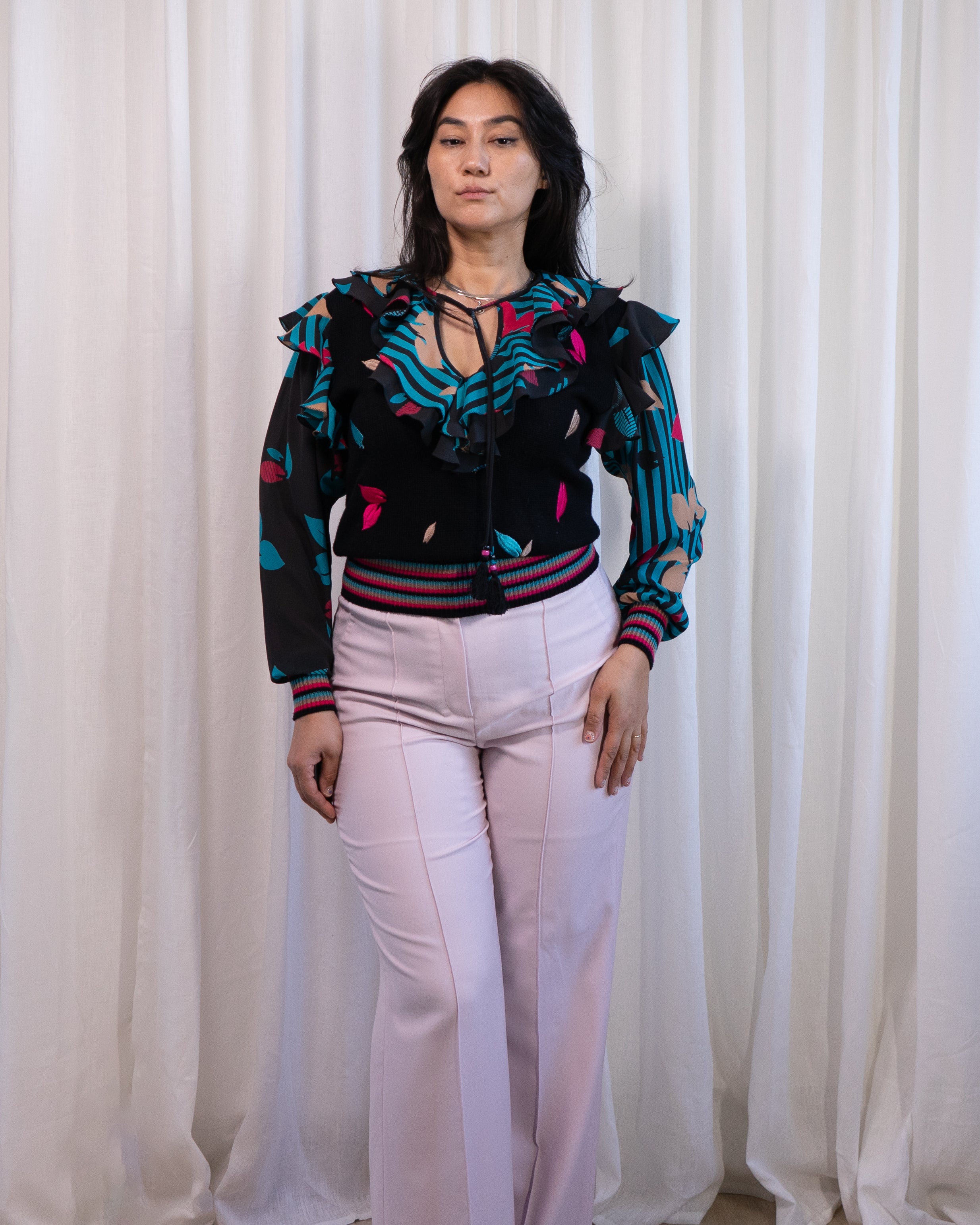 80s Diane Freis Knit & Embroidered Ruffles Blouse