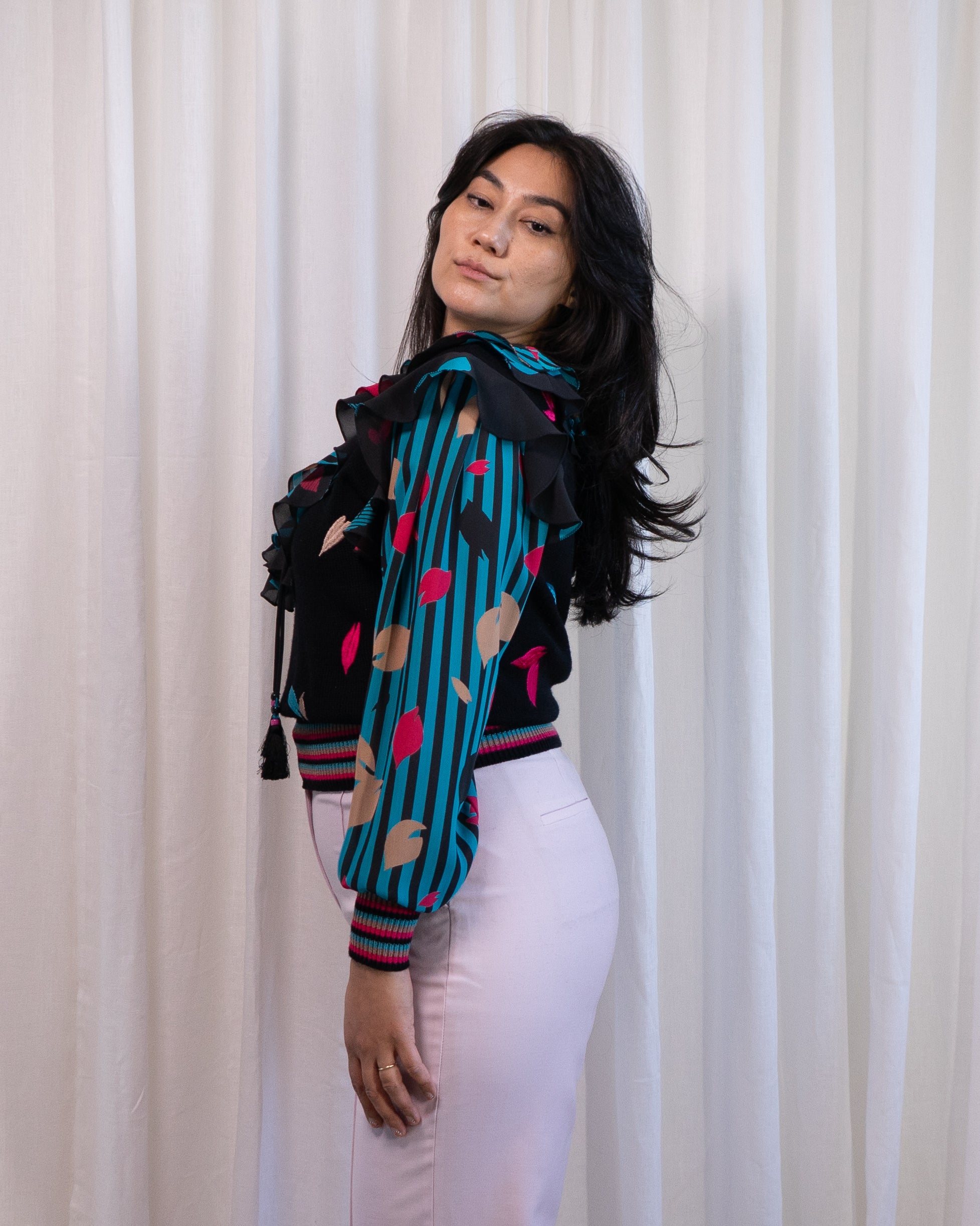 80s Diane Freis Knit & Embroidered Ruffles Blouse