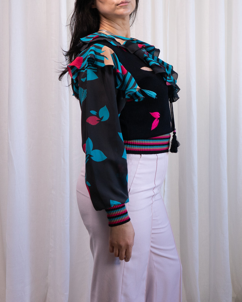 80s Diane Freis Knit & Embroidered Ruffles Blouse