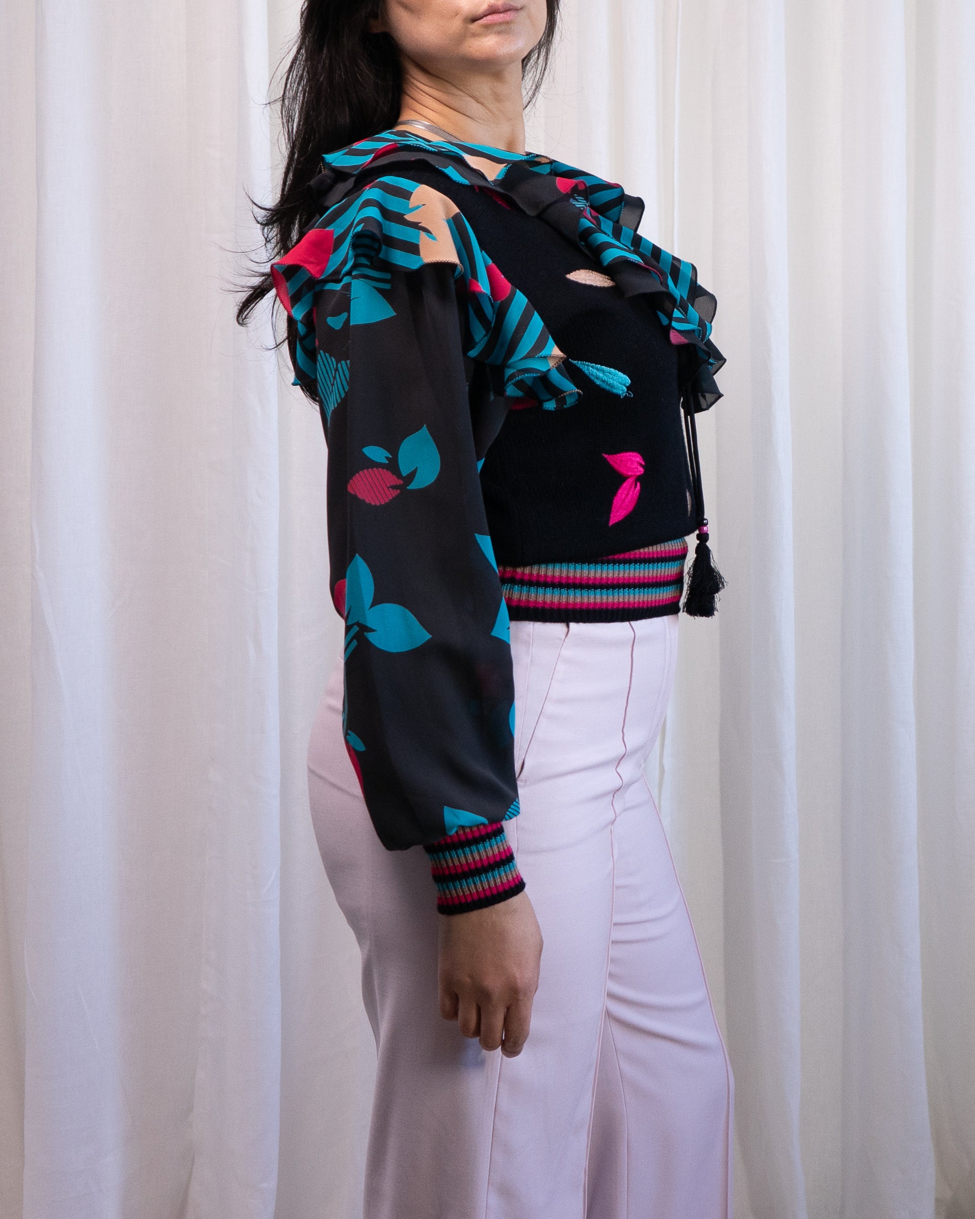 80s Diane Freis Knit & Embroidered Ruffles Blouse