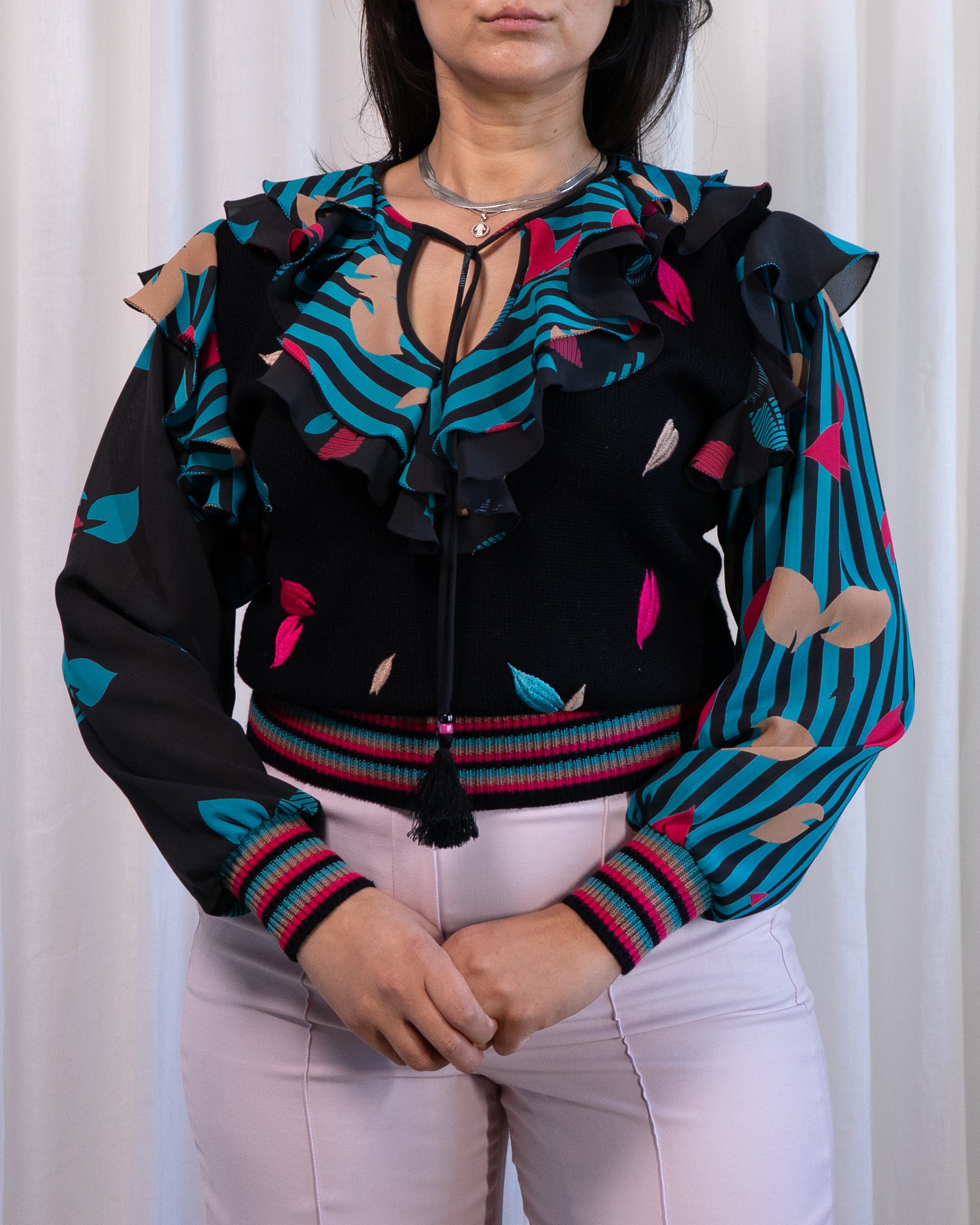 80s Diane Freis Knit & Embroidered Ruffles Blouse