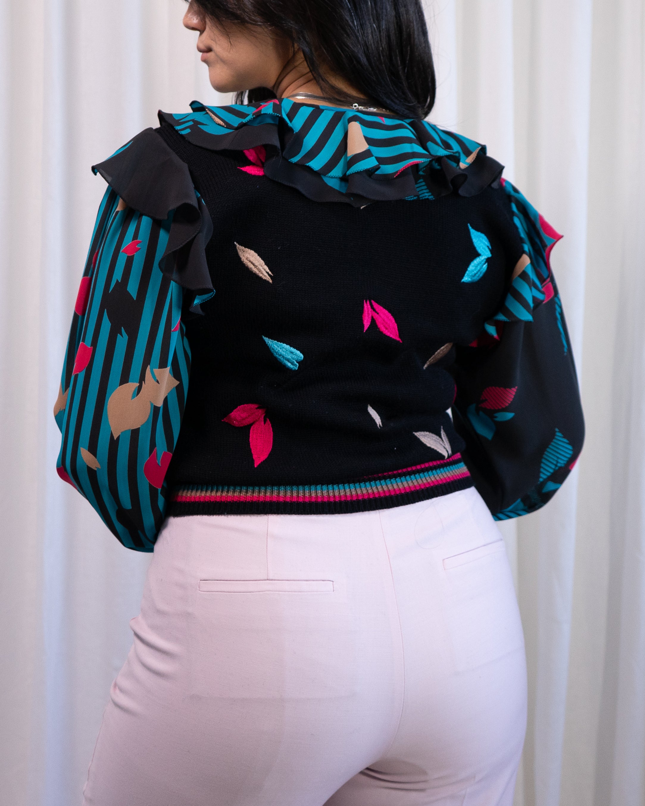 80s Diane Freis Knit & Embroidered Ruffles Blouse