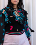 80s Diane Freis Black & Teal Knit & Embroidered Ruffles Blouse