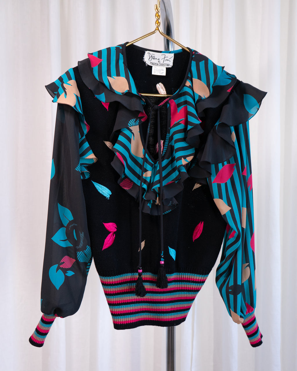 80s Diane Freis Knit & Embroidered Ruffles Blouse