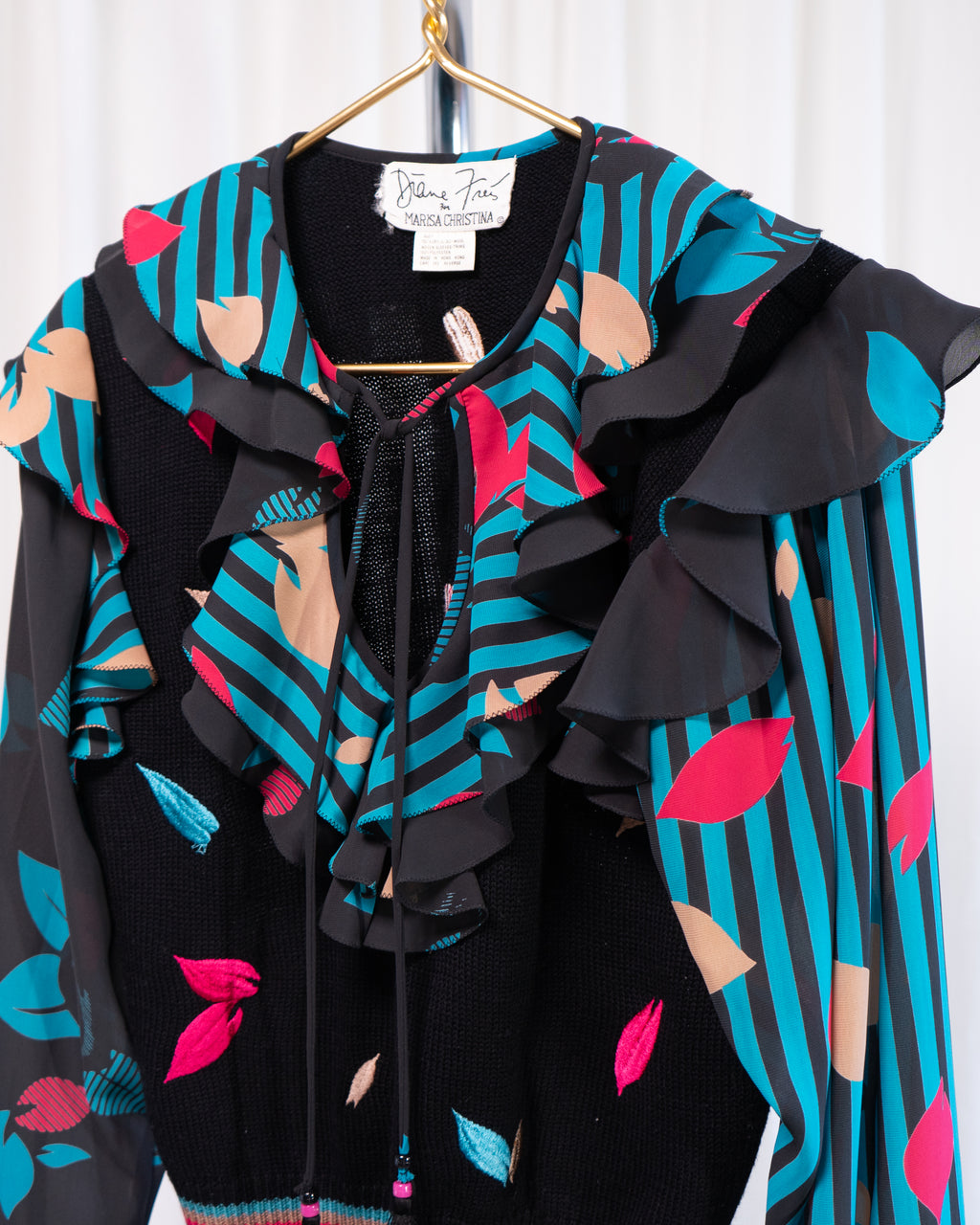 80s Diane Freis Knit & Embroidered Ruffles Blouse