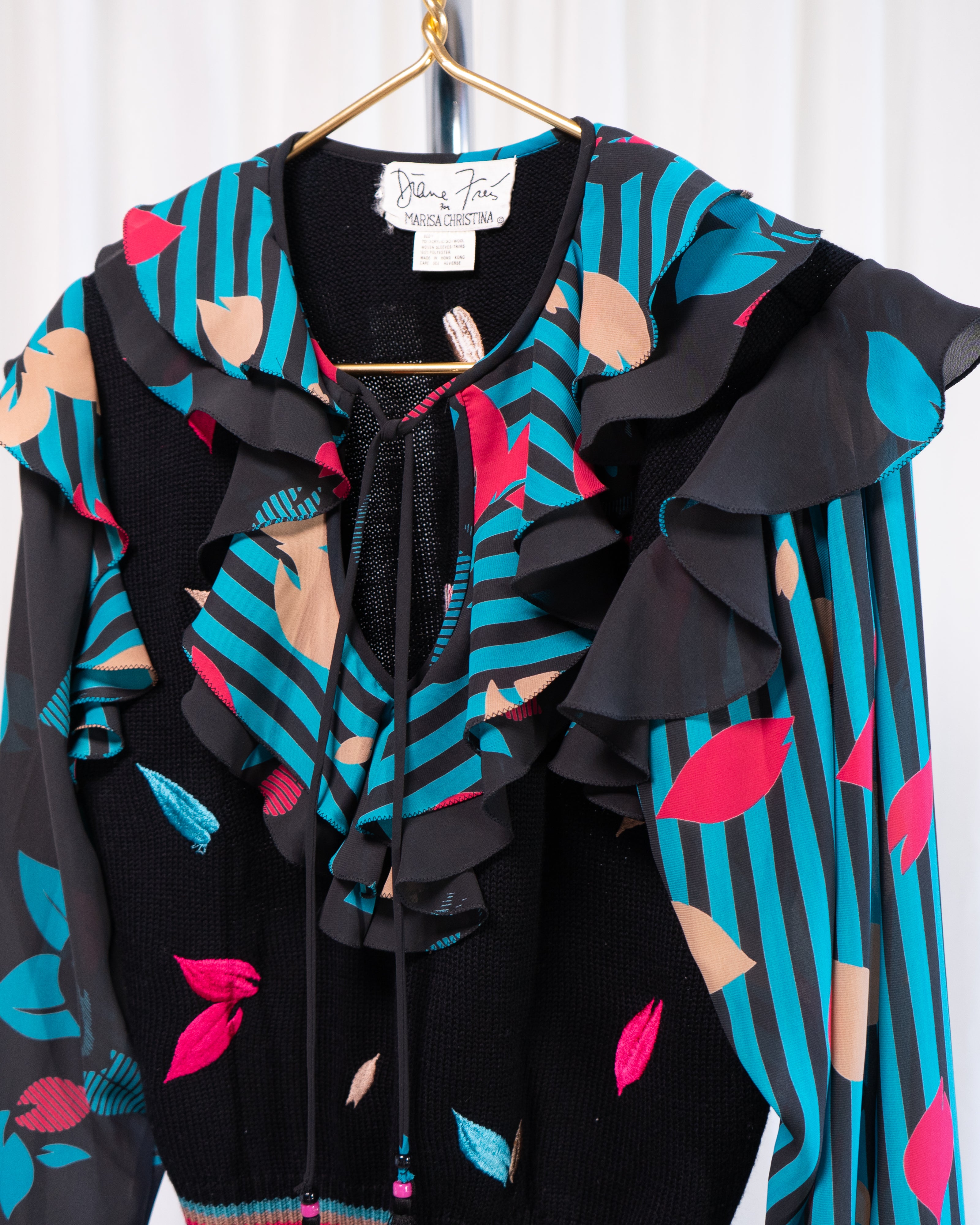 80s Diane Freis Knit & Embroidered Ruffles Blouse