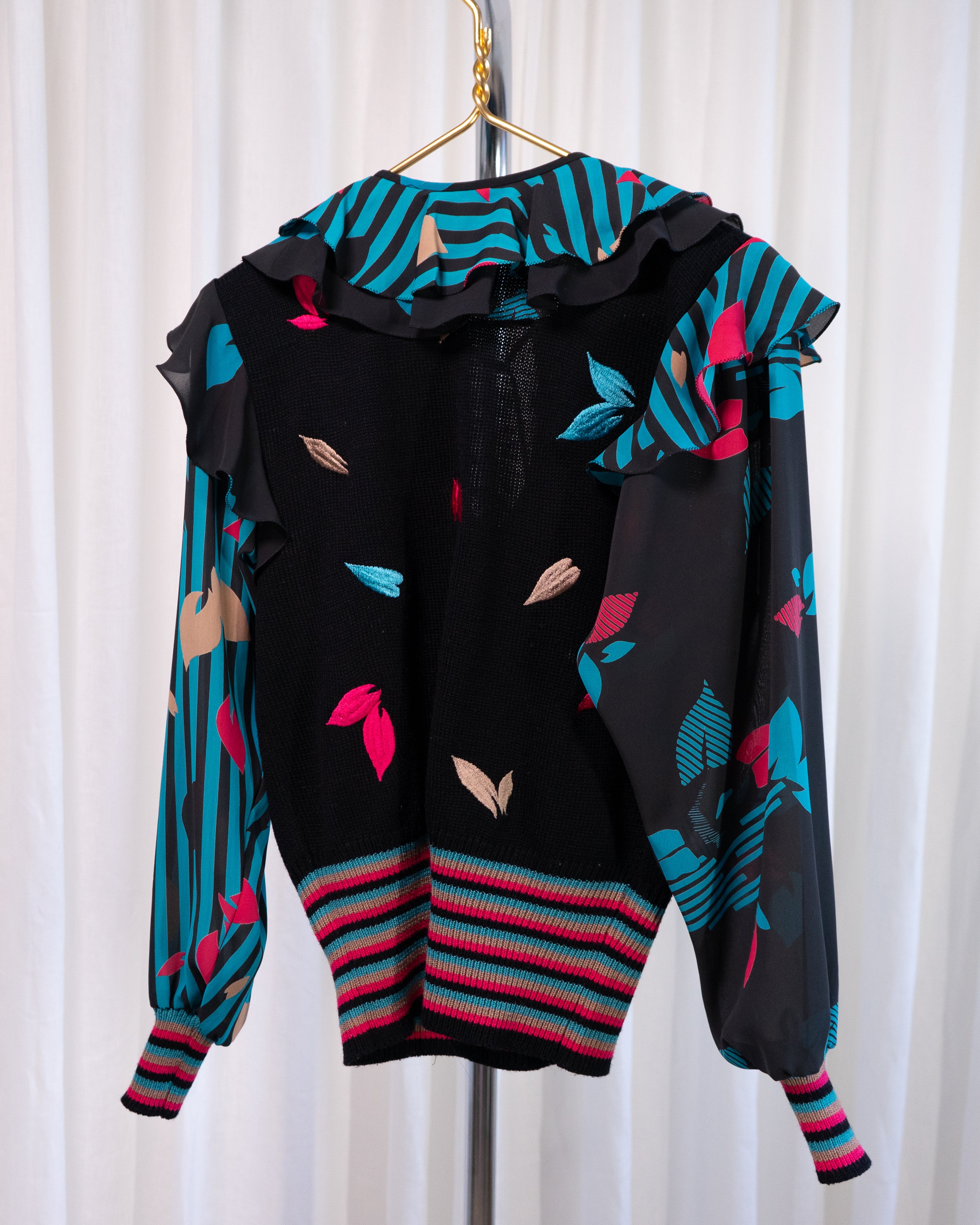 80s Diane Freis Knit & Embroidered Ruffles Blouse