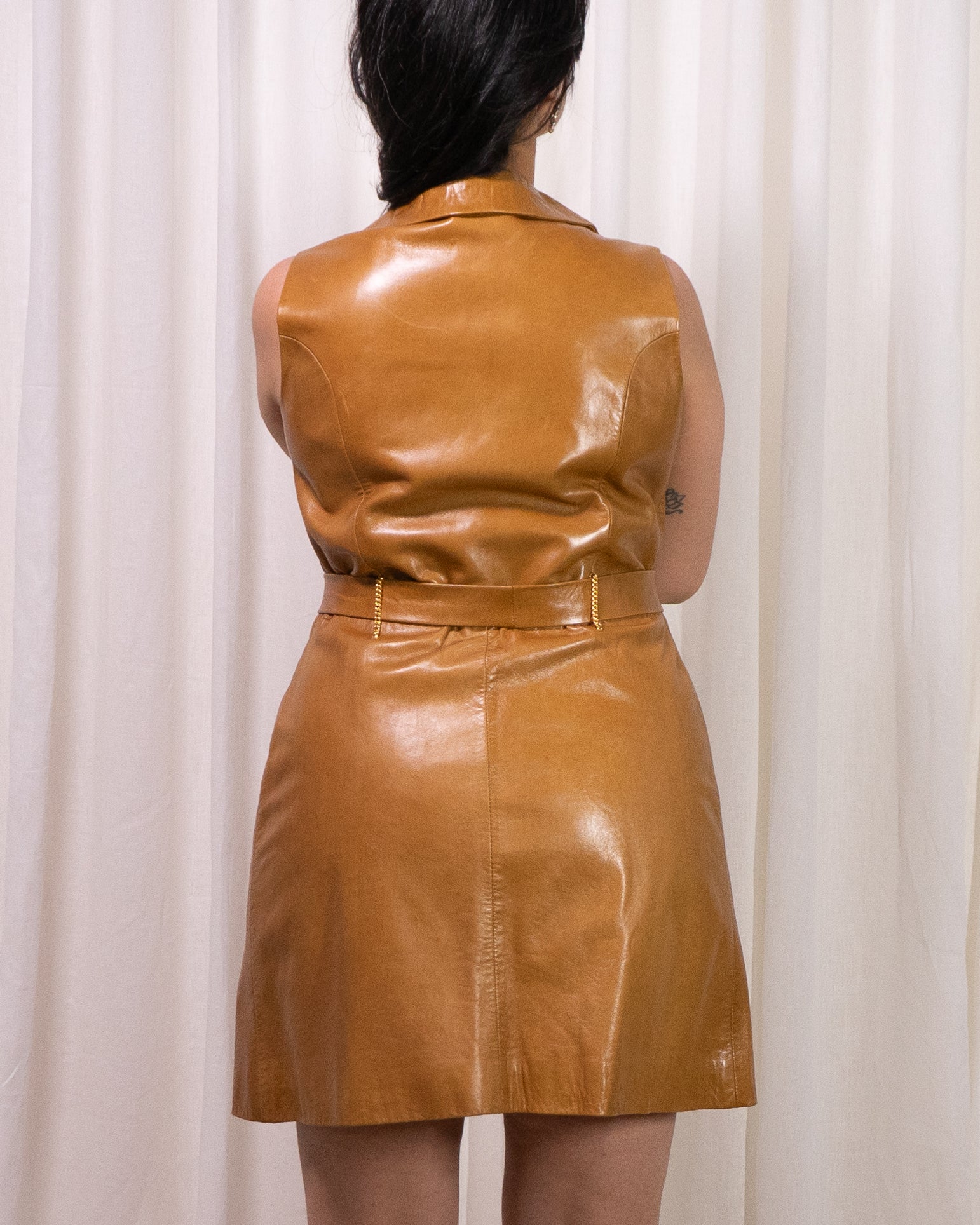 70s Leather Mini Dress w Brutalist Buttons & Belt