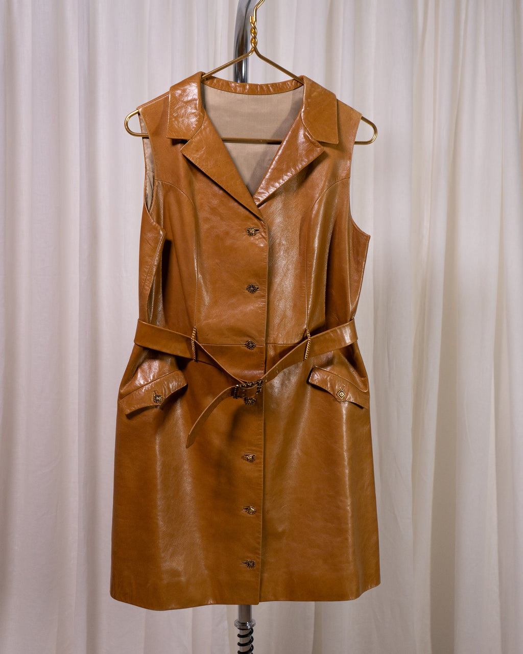 70s Leather Mini Dress w Brutalist Buttons & Belt