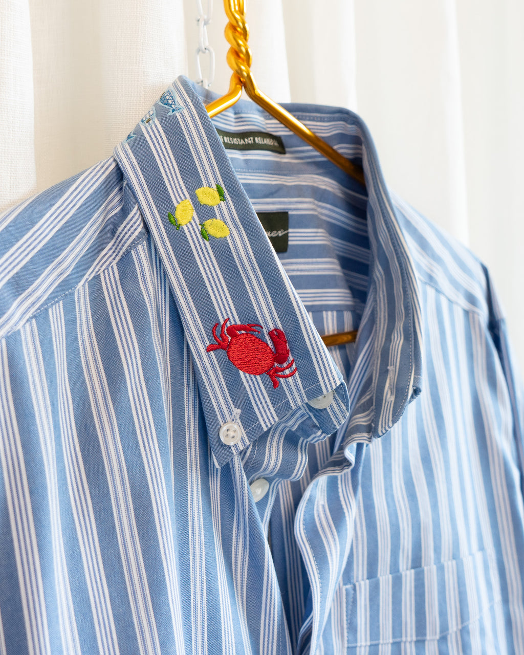 00s "Summer Forever" Embroidered Eddie Bauer Light Blue Striped Button Down Shirt