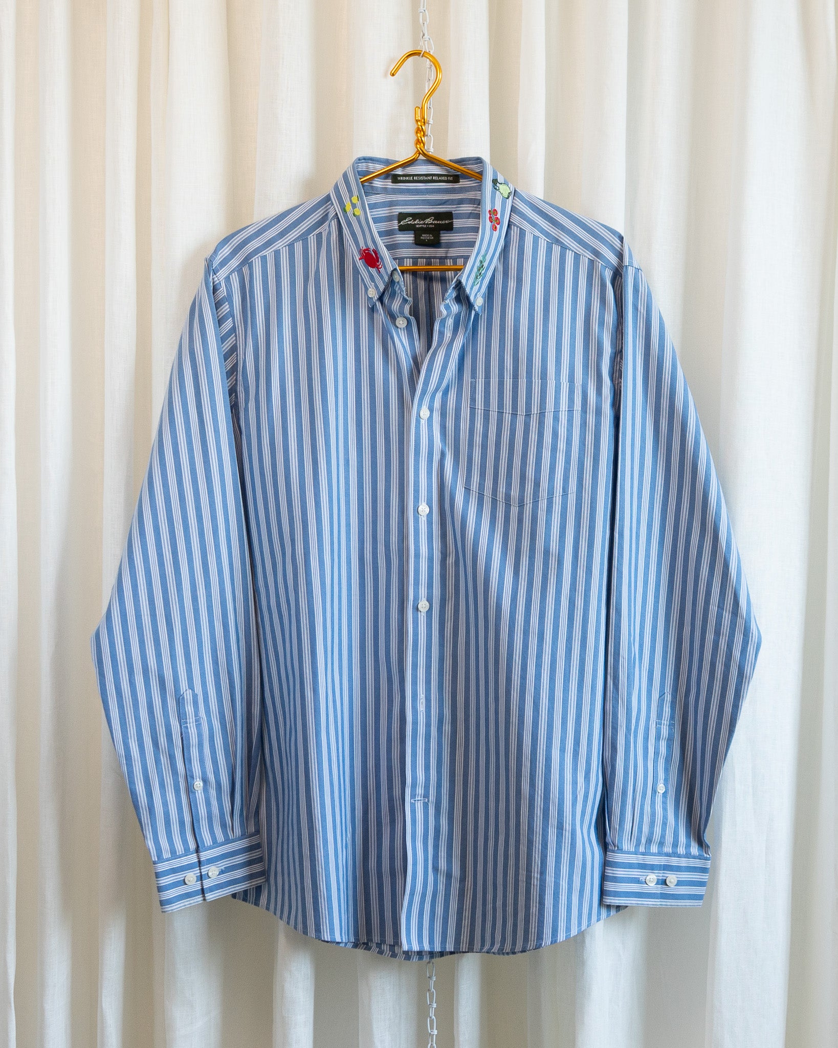 00s "Summer Forever" Embroidered Eddie Bauer Light Blue Striped Button Down Shirt