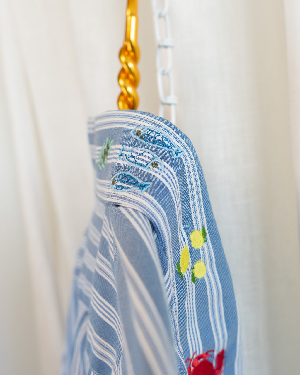 00s "Summer Forever" Embroidered Eddie Bauer Light Blue Striped Button Down Shirt