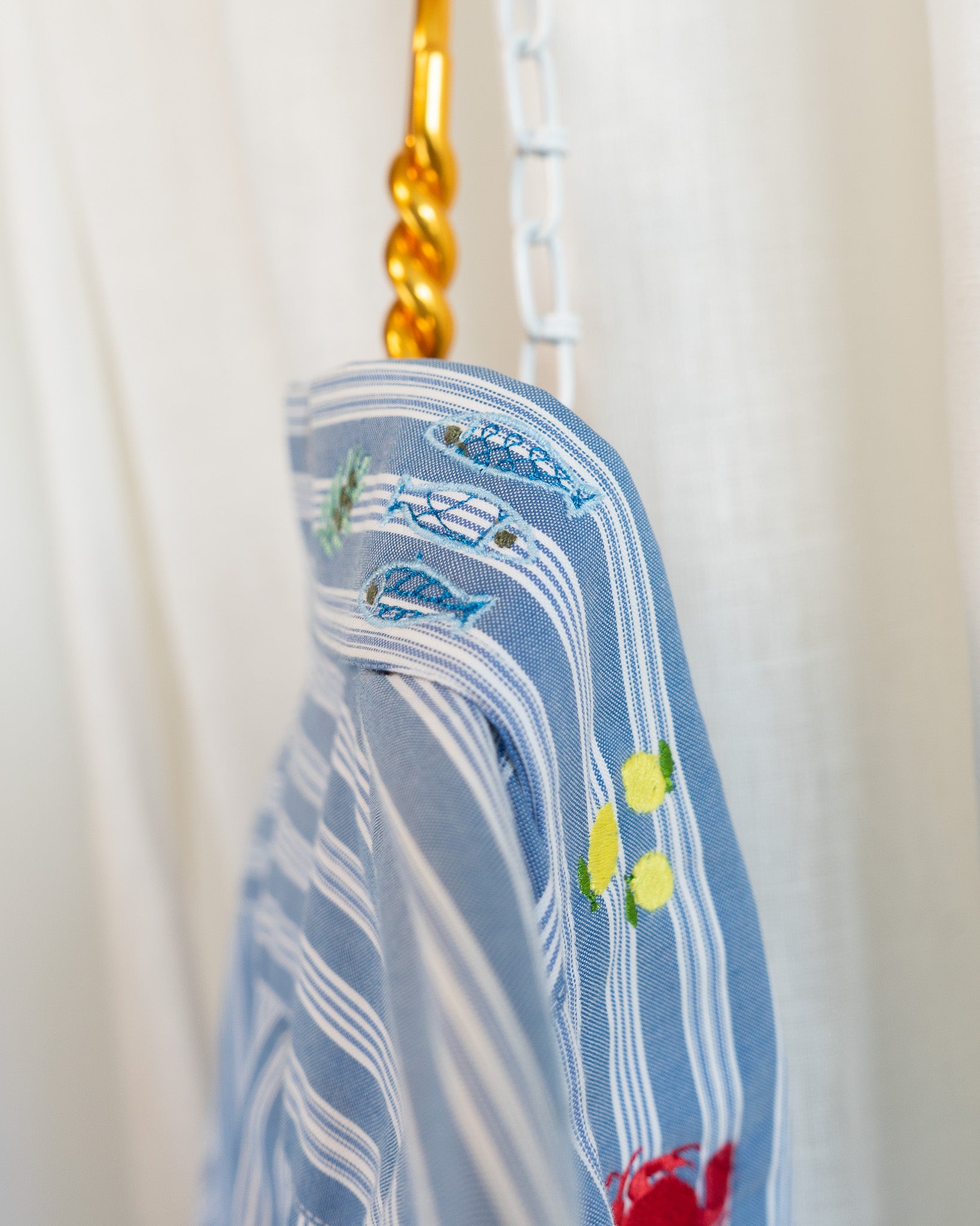 00s "Summer Forever" Embroidered Eddie Bauer Light Blue Striped Button Down Shirt