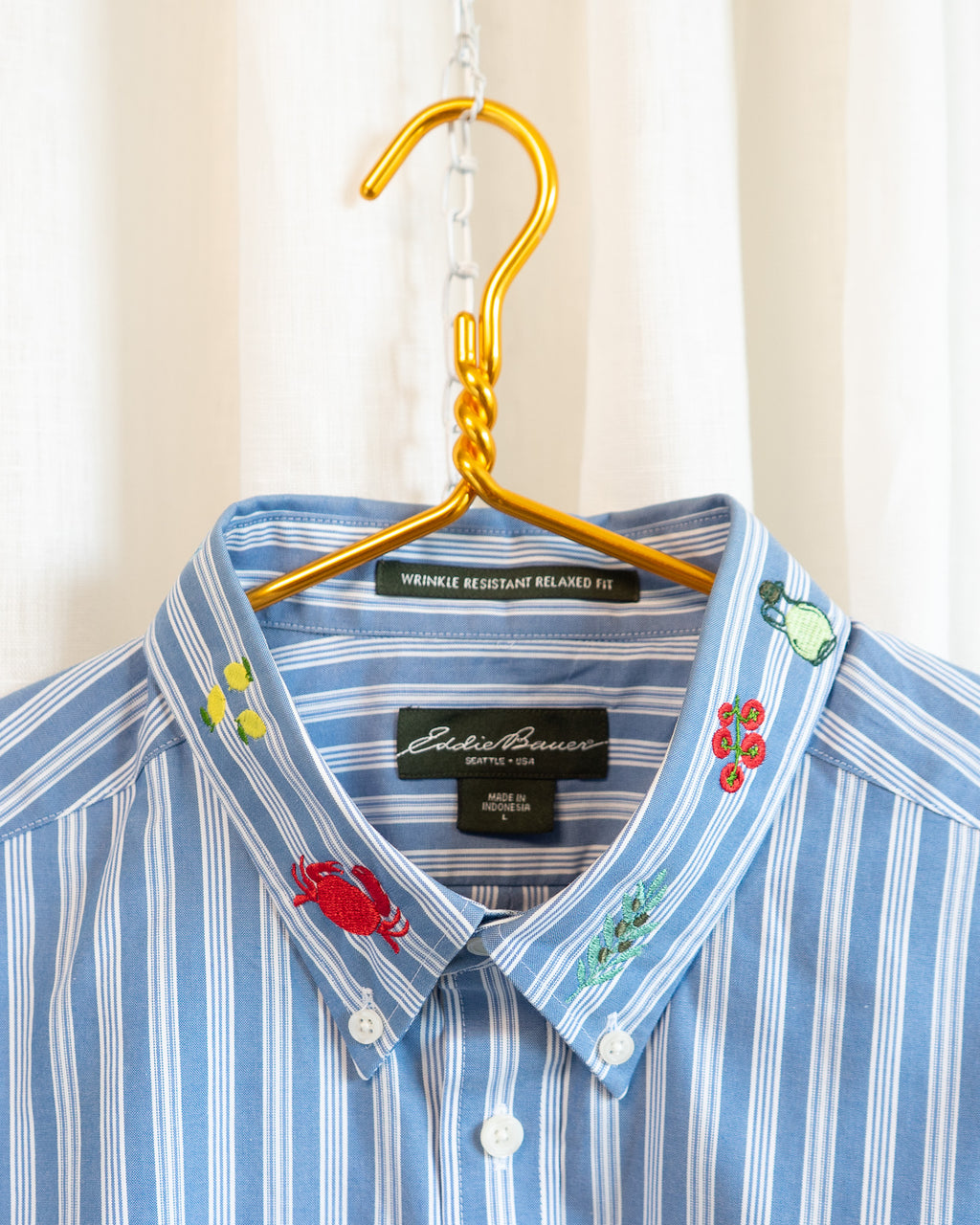 00s "Summer Forever" Embroidered Eddie Bauer Light Blue Striped Button Down Shirt