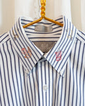 90s "Coffee Club" Embroidered Collar Blue White Striped Button Down Shirt