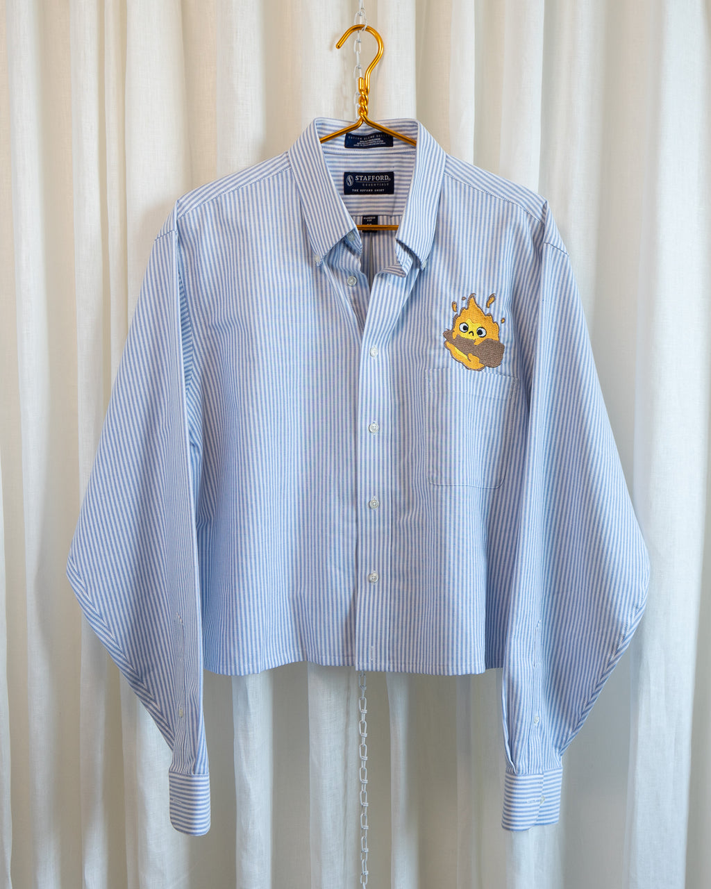 Modern "Calcifer" Embroidered Blue Striped Button Down Shirt