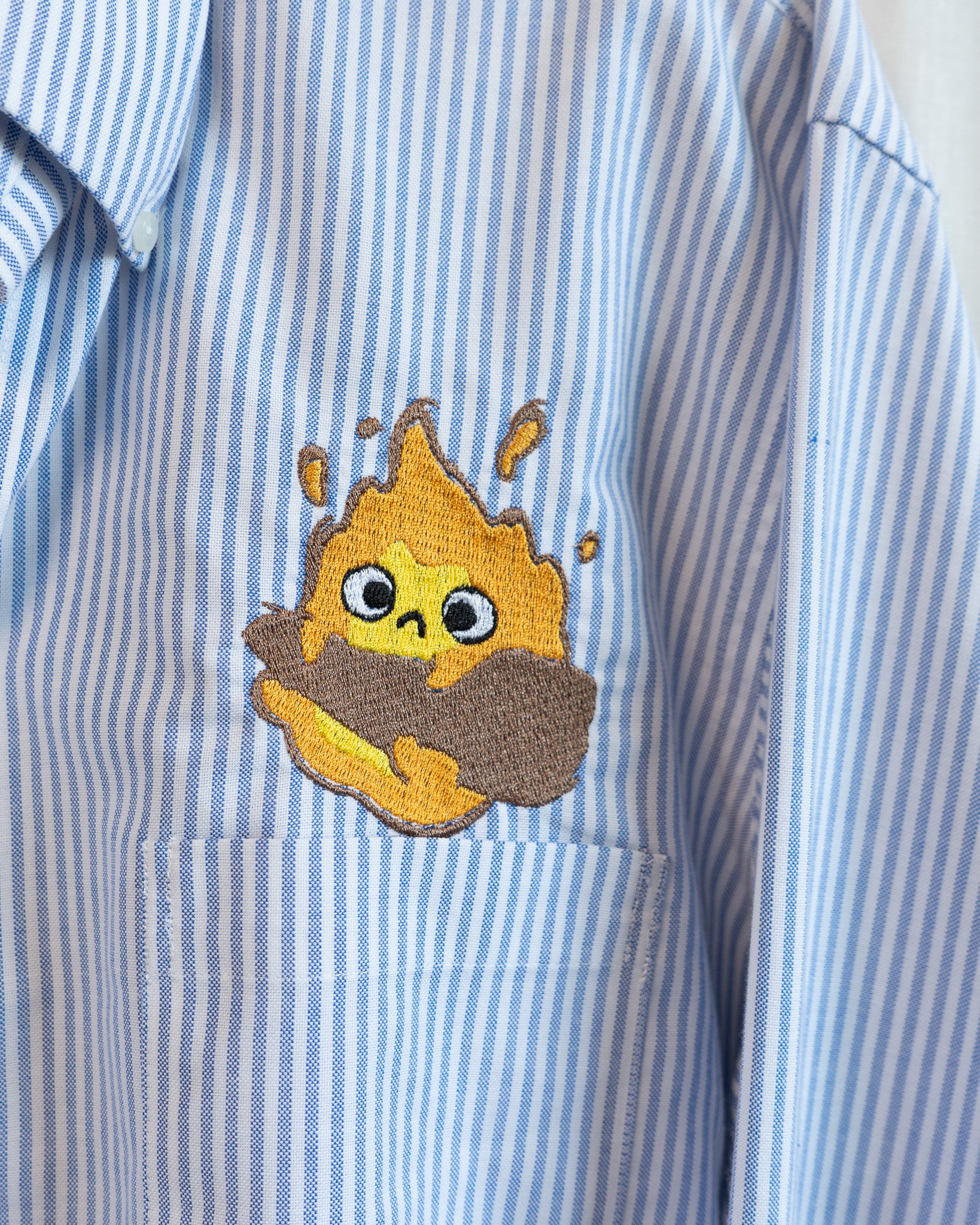 Modern "Calcifer" Embroidered Blue Striped Button Down Shirt