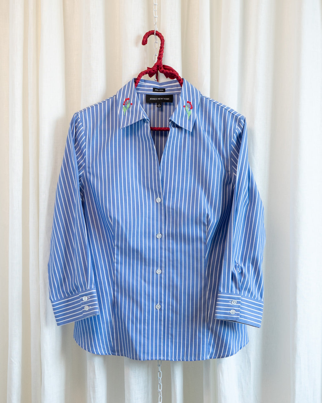 Modern "Red Berries" Embroidered JNY Blue White Pinstripes V-neck Shirt
