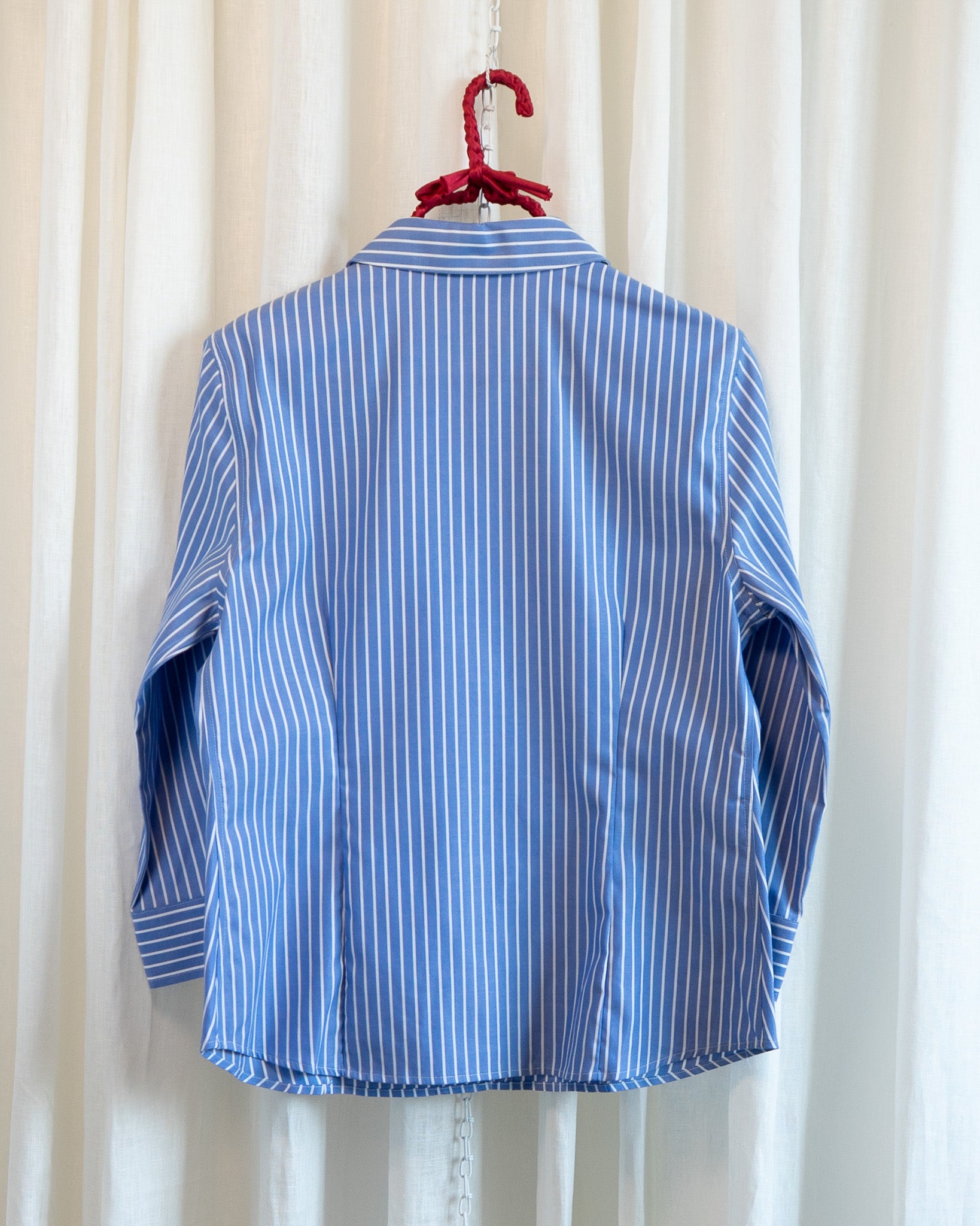Modern "Red Berries" Embroidered JNY Blue White Pinstripes V-neck Shirt