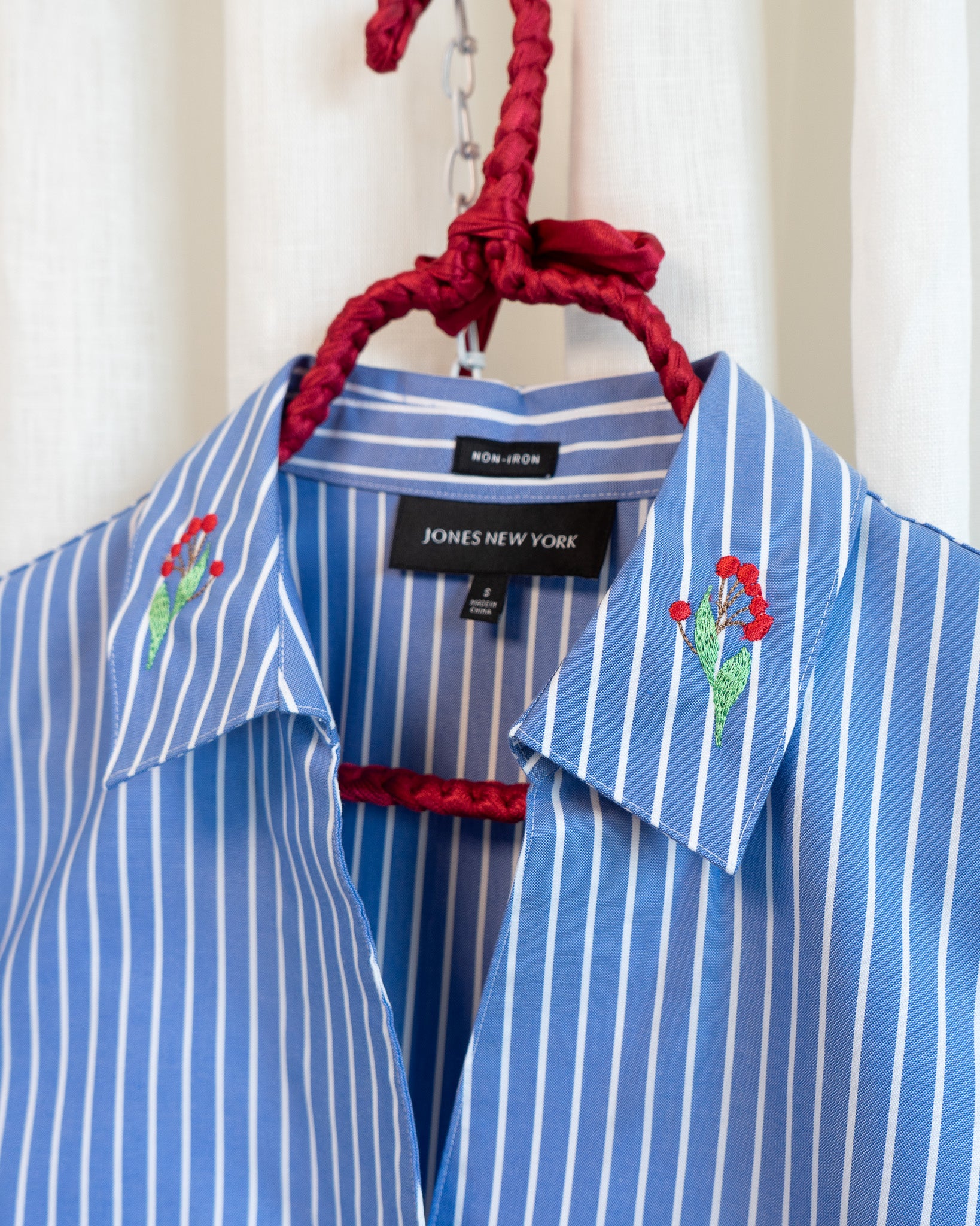Modern "Red Berries" Embroidered JNY Blue White Pinstripes V-neck Shirt