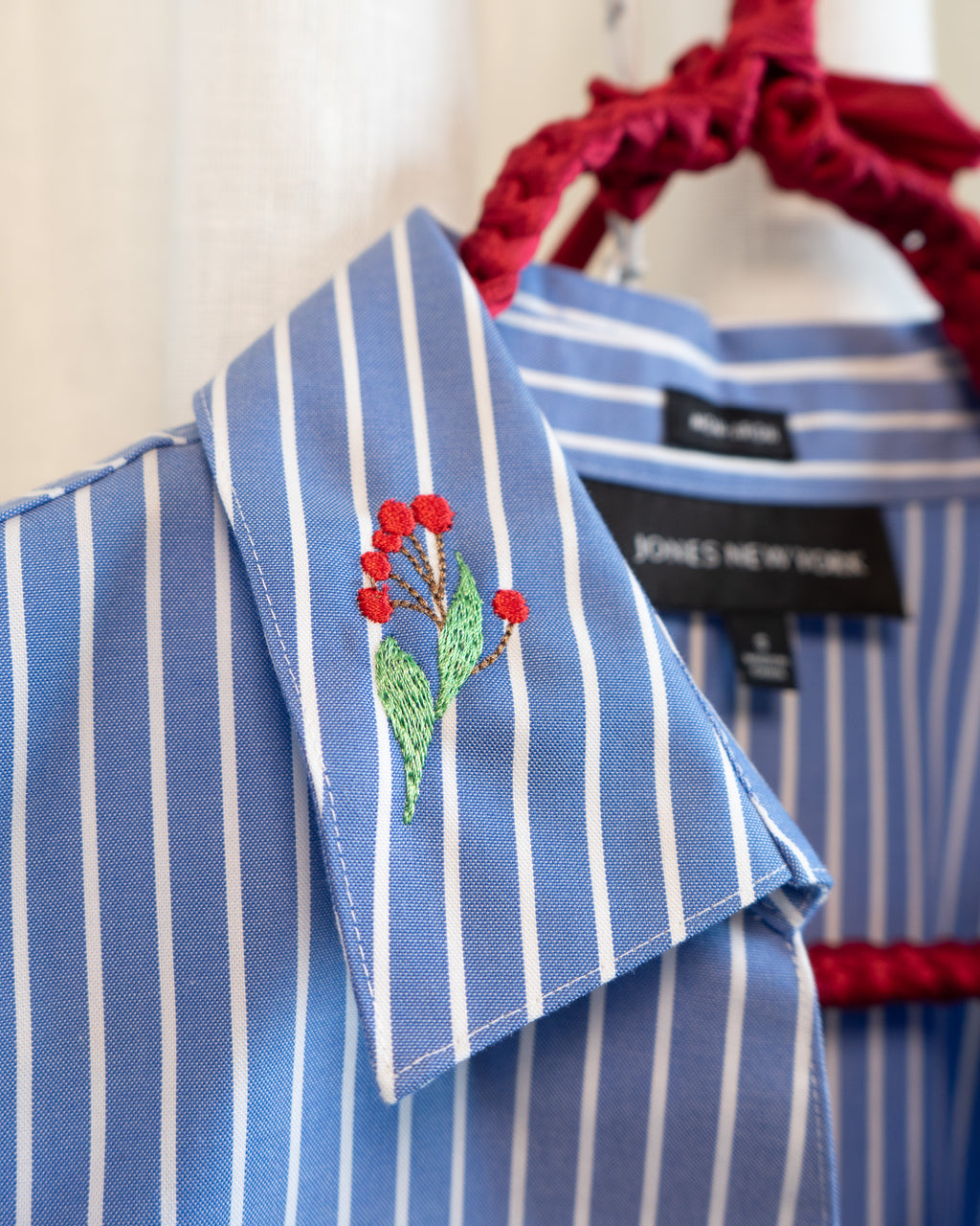 Modern "Red Berries" Embroidered JNY Blue White Pinstripes V-neck Shirt
