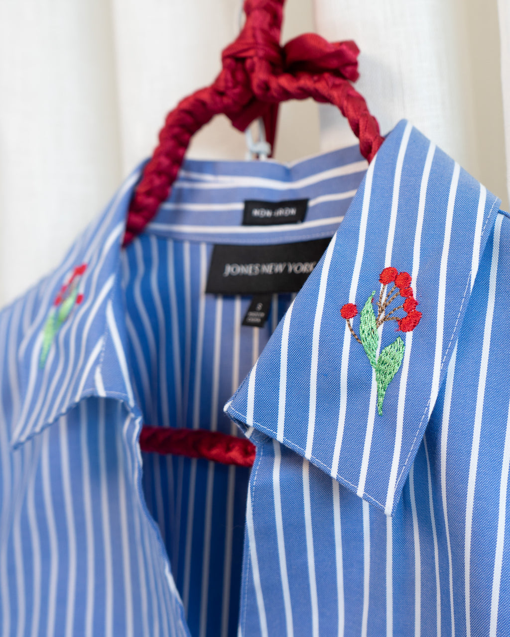 Modern "Red Berries" Embroidered JNY Blue White Pinstripes V-neck Shirt