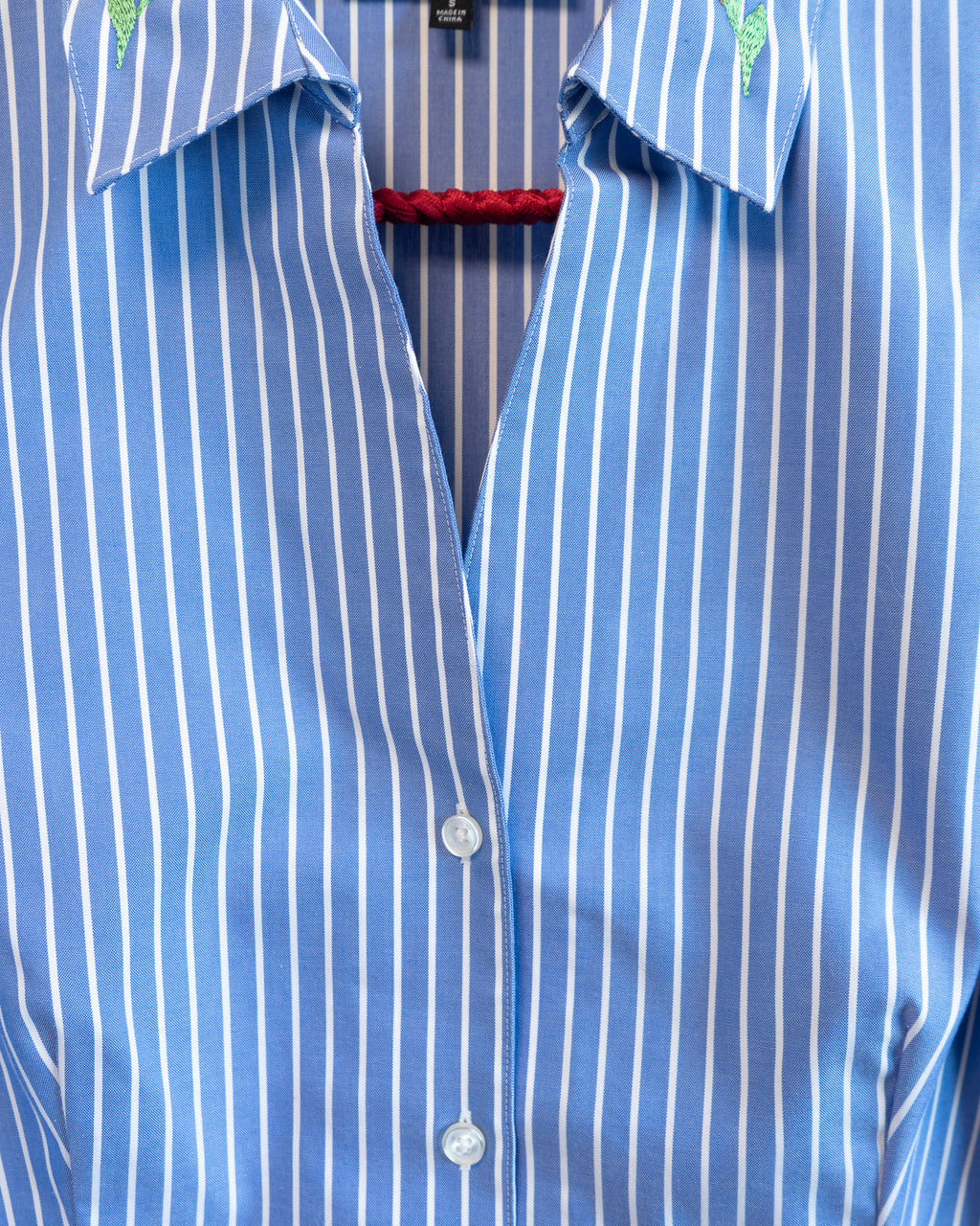 Modern "Red Berries" Embroidered JNY Blue White Pinstripes V-neck Shirt