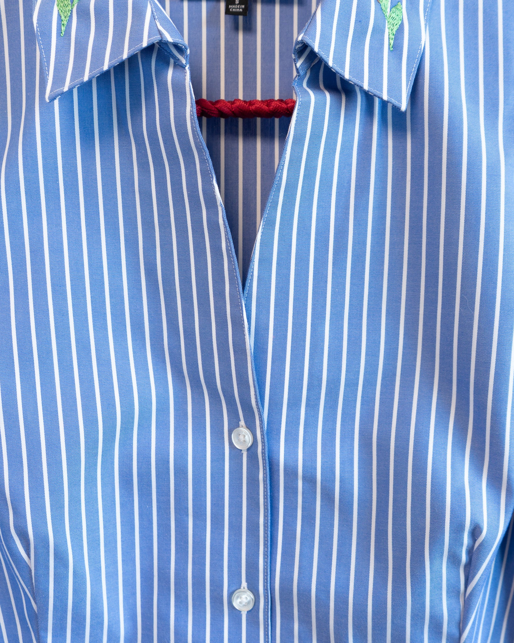 Modern "Red Berries" Embroidered JNY Blue White Pinstripes V-neck Shirt