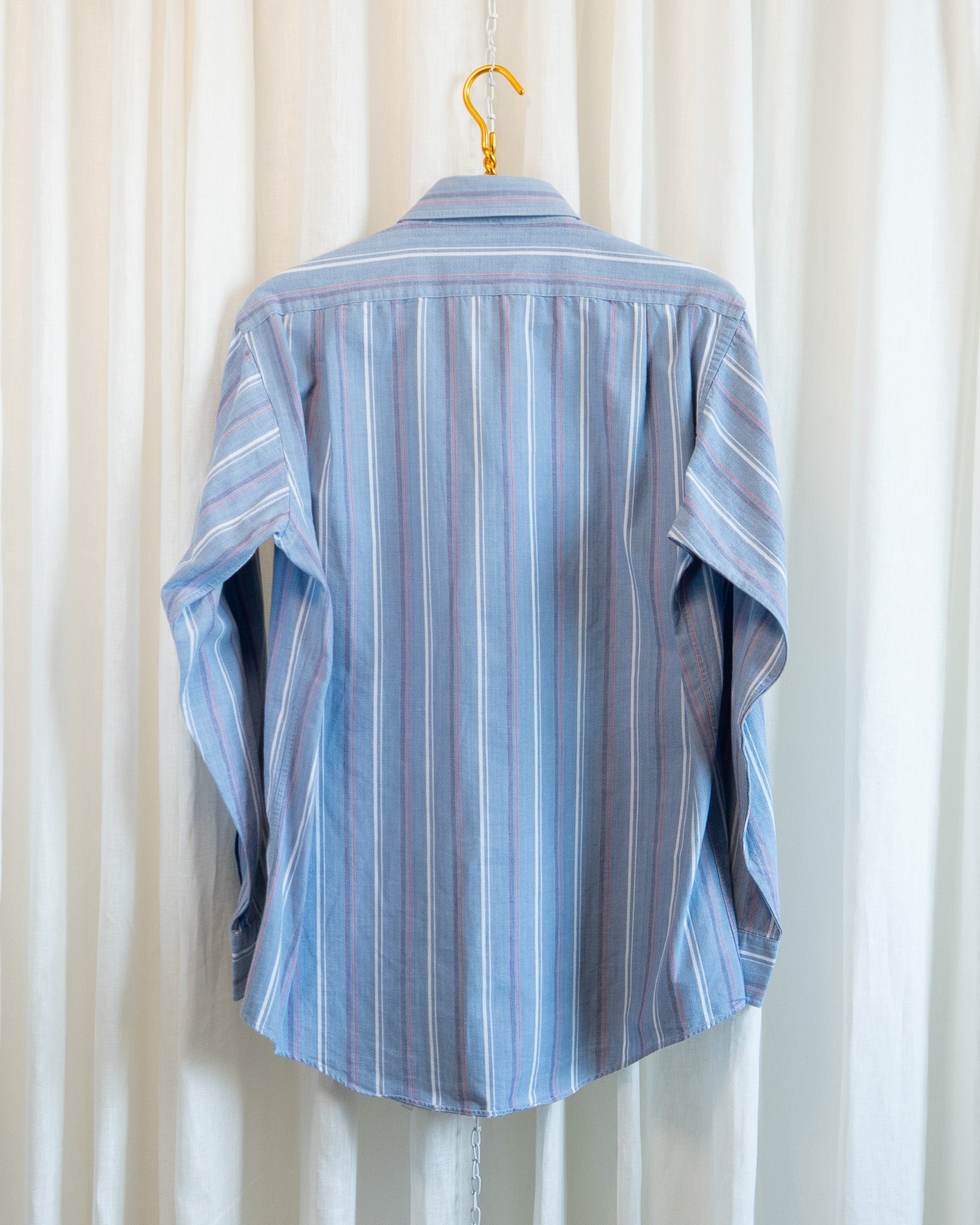 90s "Frolicking Cat in Garden" Eddie Bauer Embroidered Striped Blue Shirt