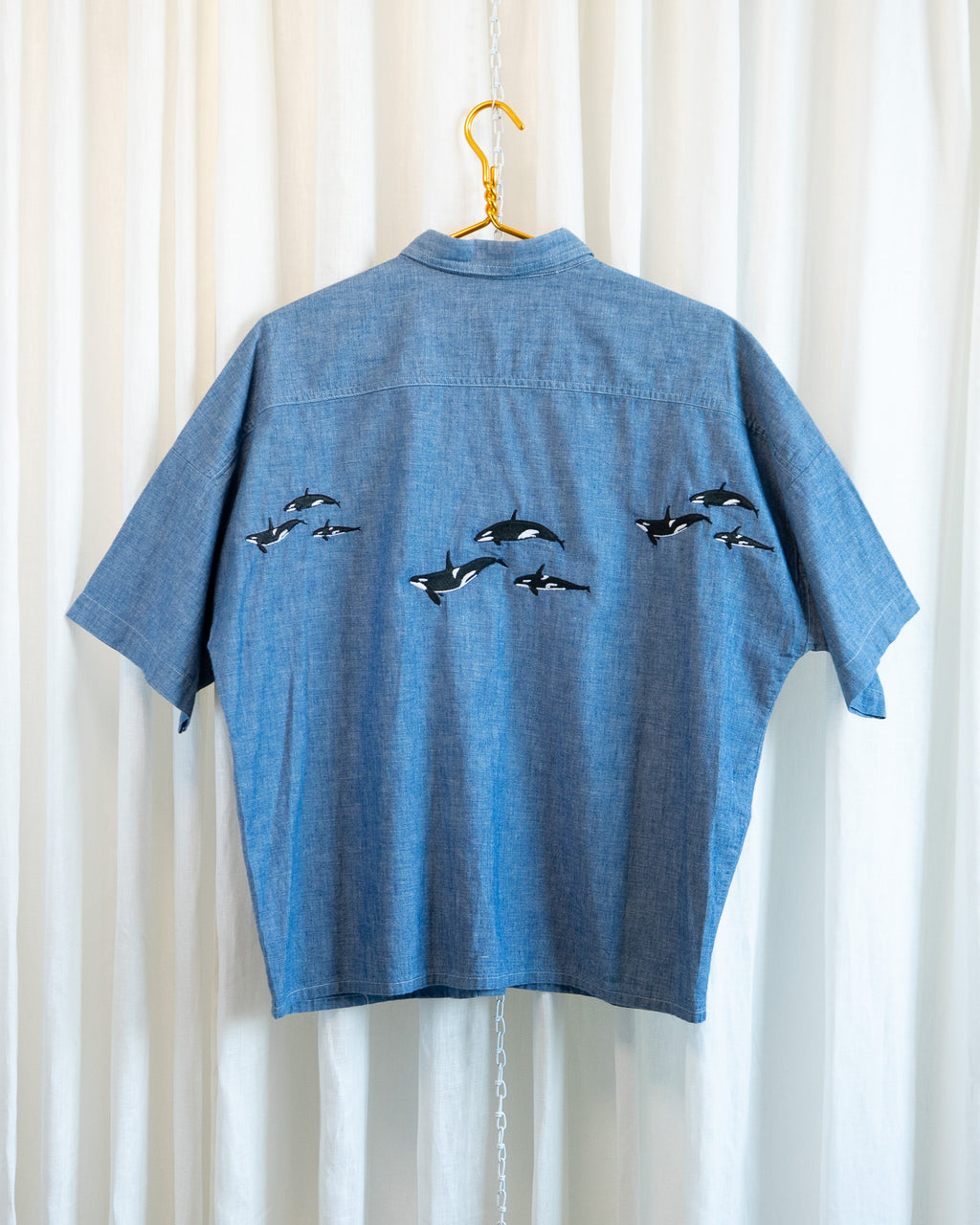 70s "Orcas Migration" Garfinkel's Denim Short Sleeve Button Up Shirt