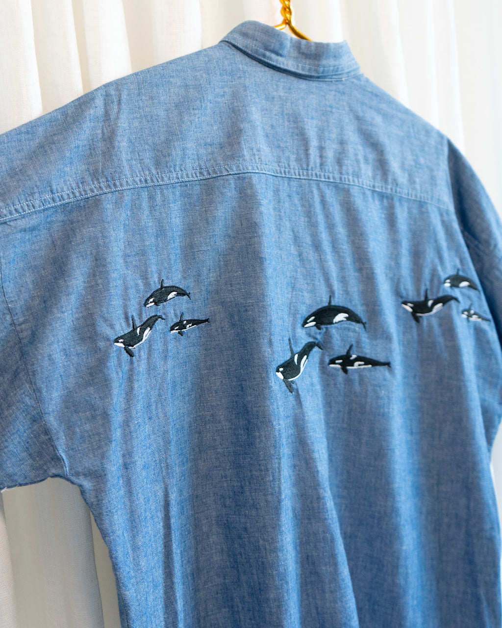 70s "Orcas Migration" Garfinkel's Denim Short Sleeve Button Up Shirt