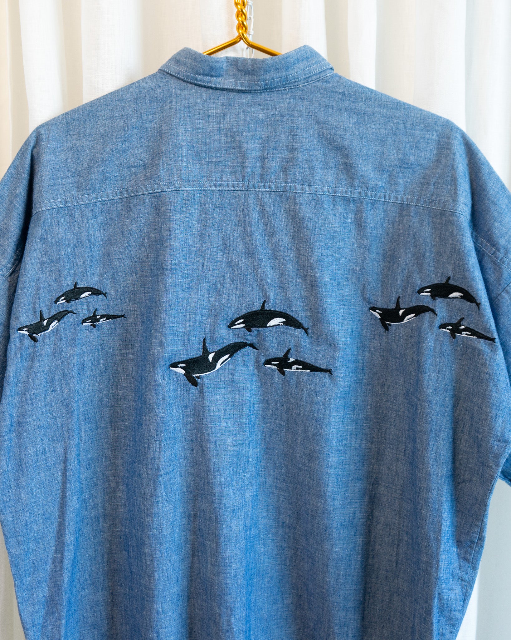 70s "Orcas Migration" Garfinkel's Denim Short Sleeve Button Up Shirt