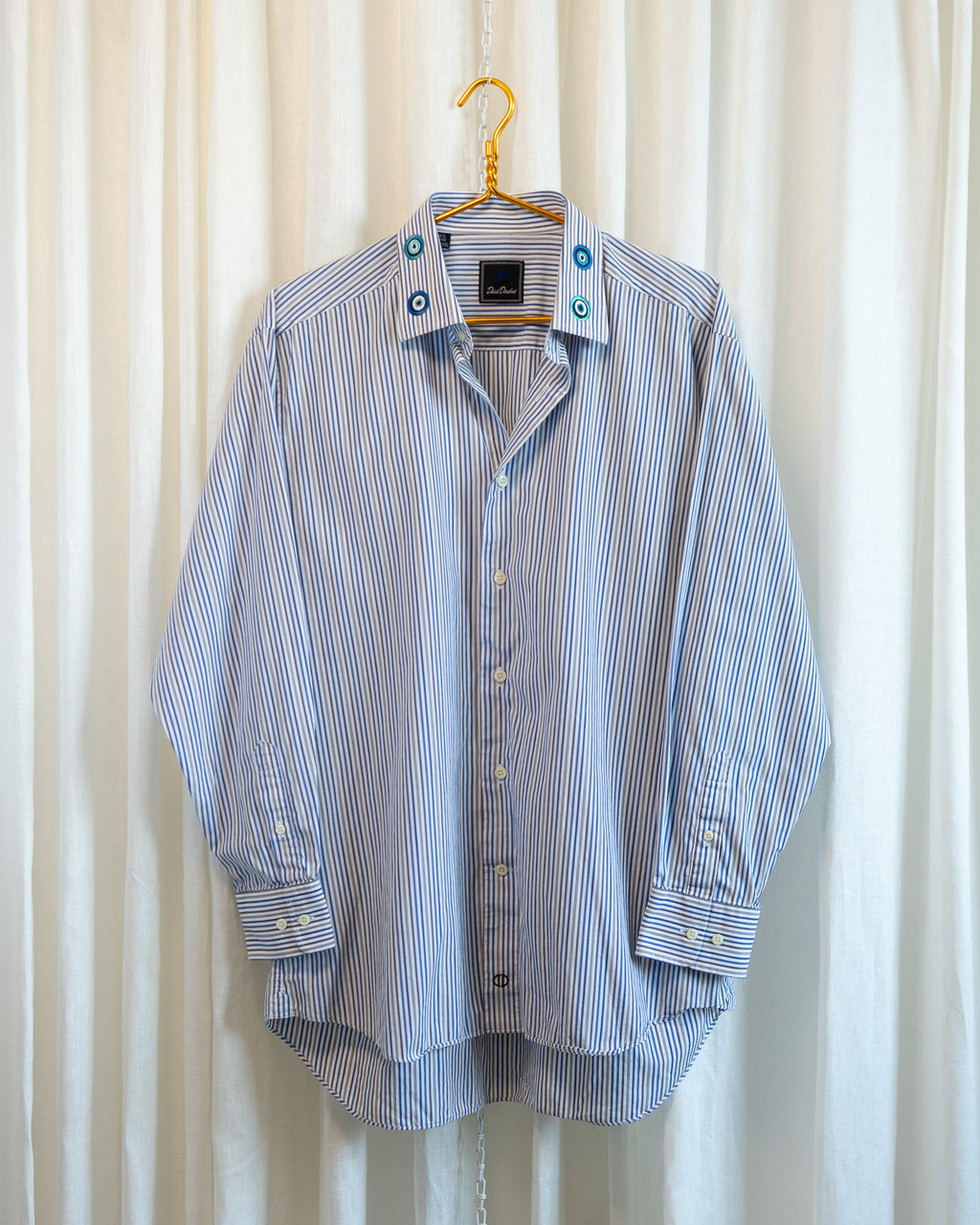 00s "Evil Eyes" Embroidered Collar Blue Brown Tan Striped Wide Collar Shirt