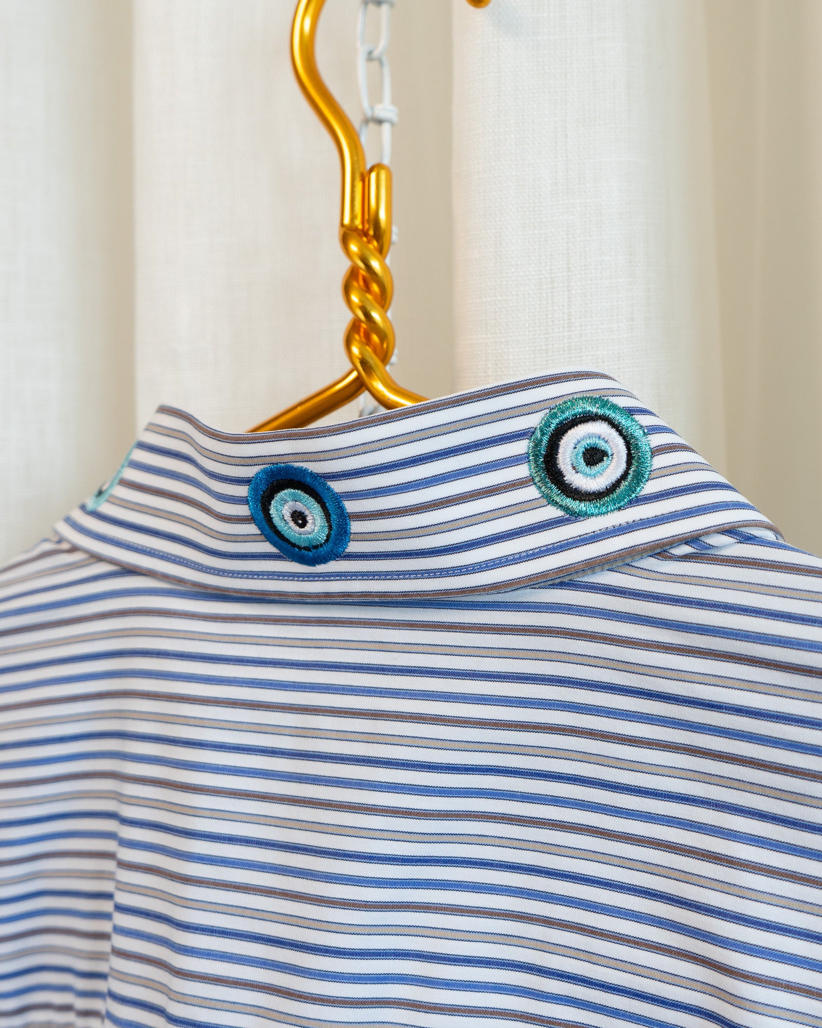 00s "Evil Eyes" Embroidered Collar Blue Brown Tan Striped Wide Collar Shirt