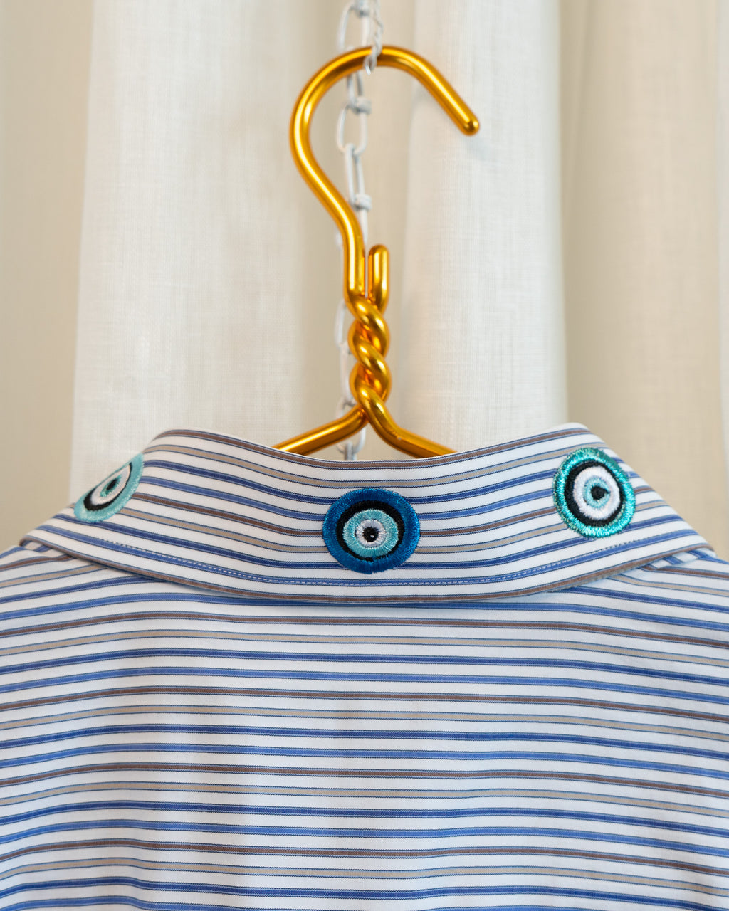 00s "Evil Eyes" Embroidered Collar Blue Brown Tan Striped Wide Collar Shirt