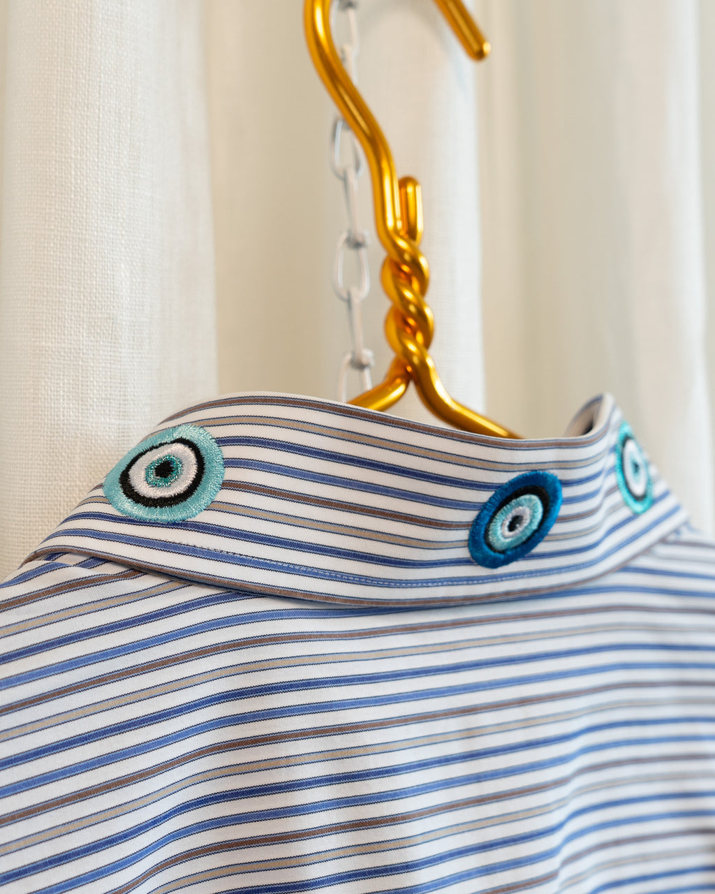 00s "Evil Eyes" Embroidered Collar Blue Brown Tan Striped Wide Collar Shirt