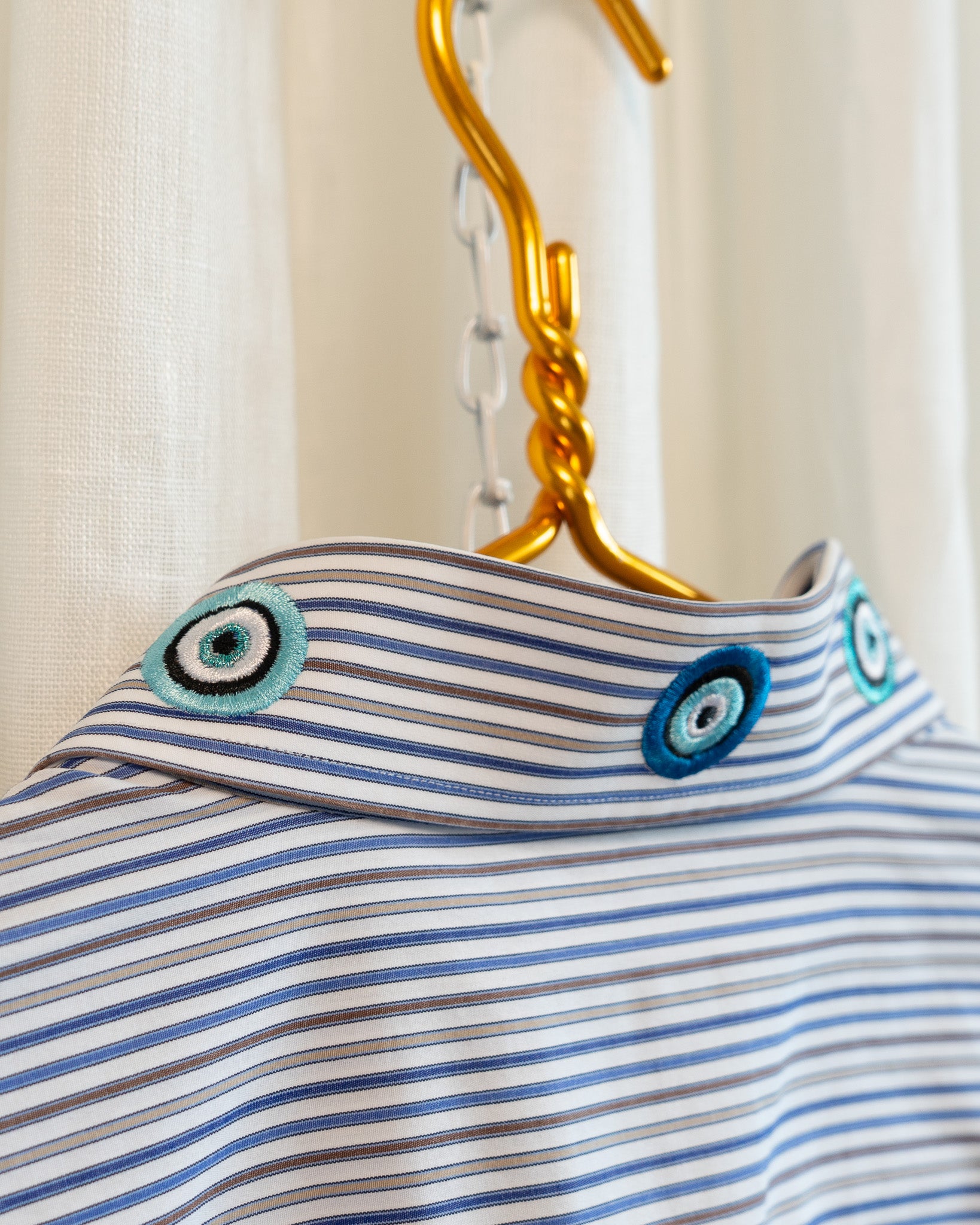 00s "Evil Eyes" Embroidered Collar Blue Brown Tan Striped Wide Collar Shirt