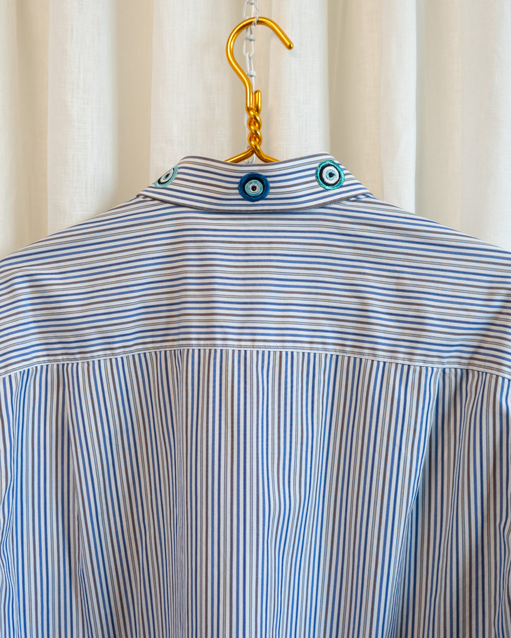 00s "Evil Eyes" Embroidered Collar Blue Brown Tan Striped Wide Collar Shirt