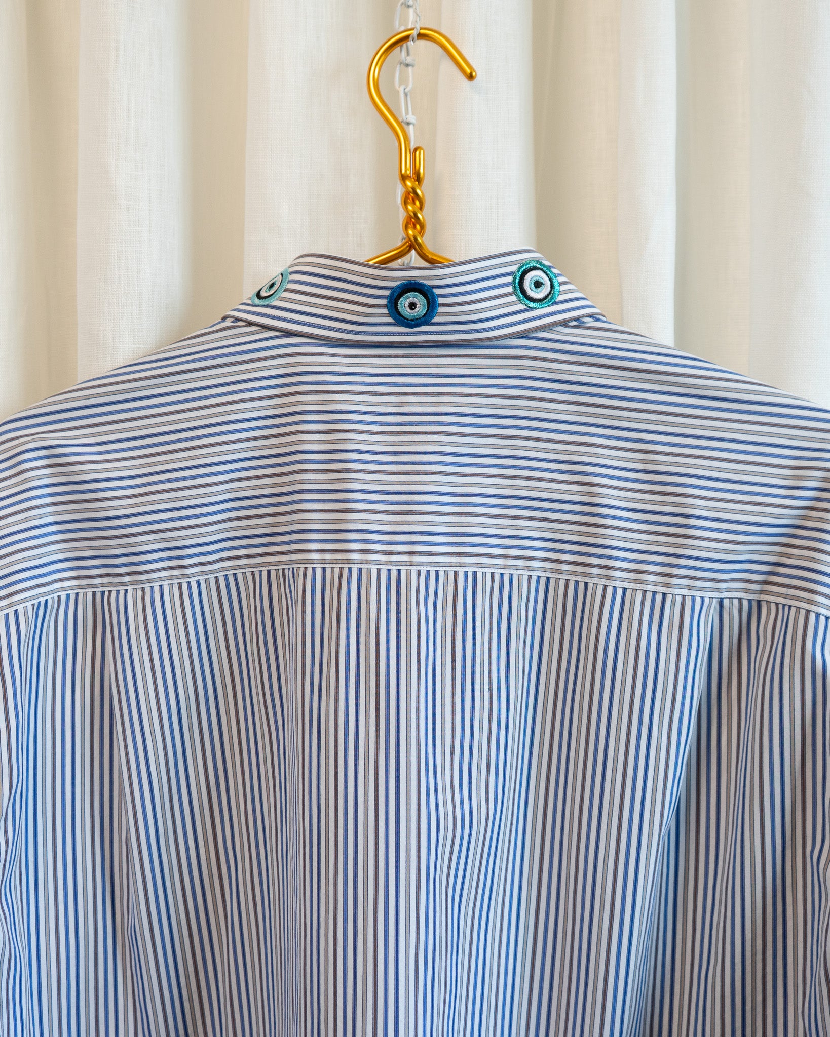 00s "Evil Eyes" Embroidered Collar Blue Brown Tan Striped Wide Collar Shirt
