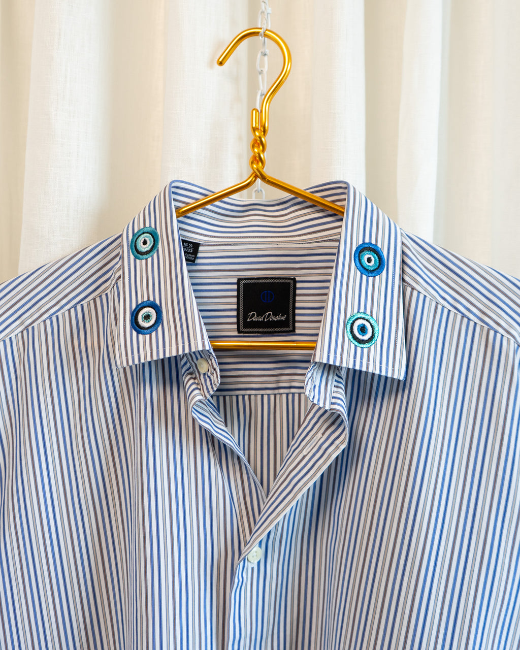 00s "Evil Eyes" Embroidered Collar Blue Brown Tan Striped Wide Collar Shirt