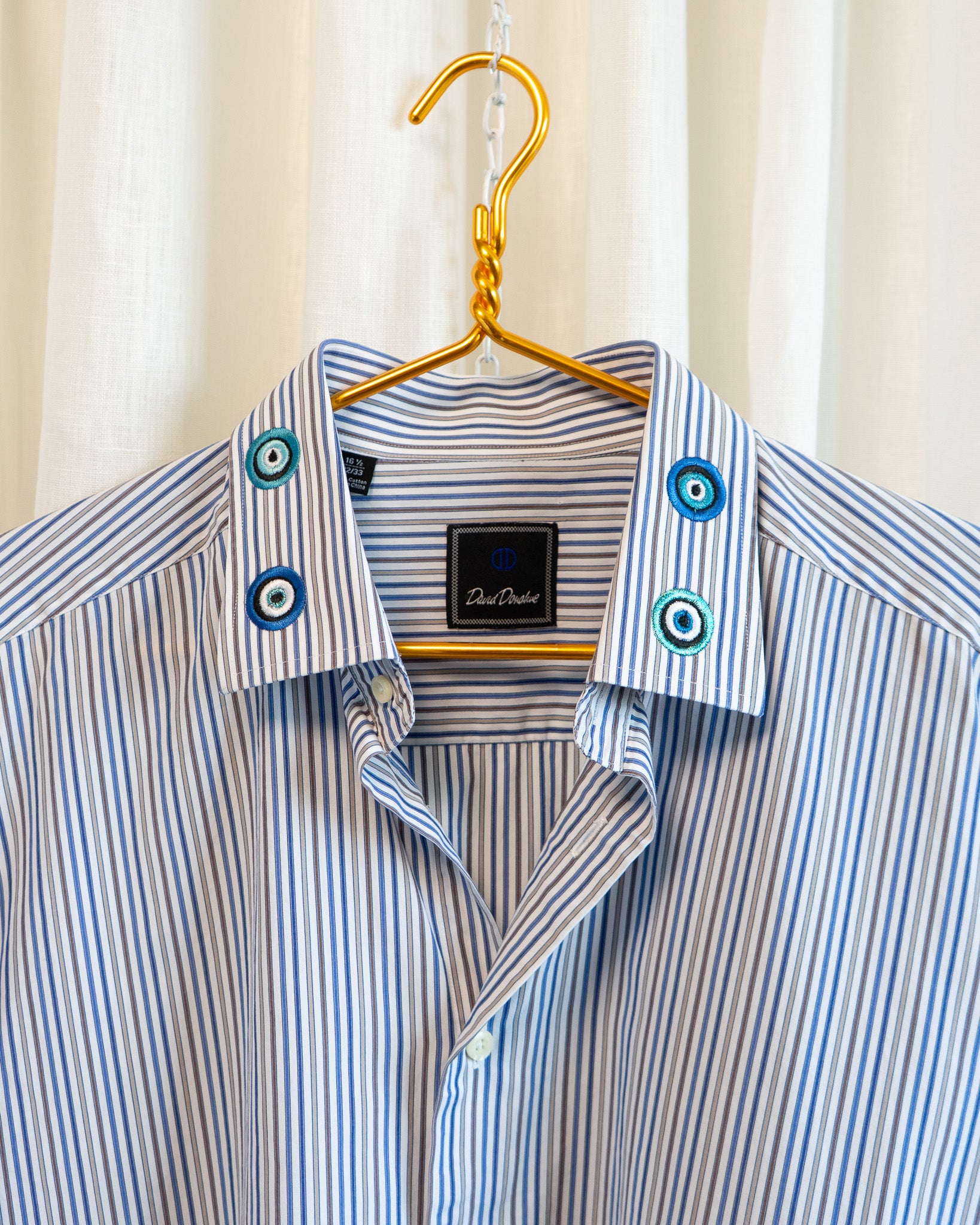 00s "Evil Eyes" Embroidered Collar Blue Brown Tan Striped Wide Collar Shirt