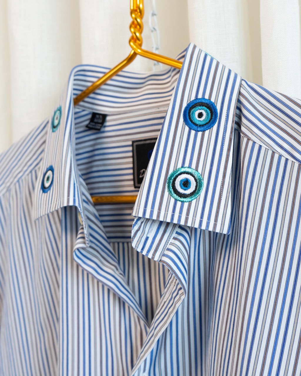 00s "Evil Eyes" Embroidered Collar Blue Brown Tan Striped Wide Collar Shirt