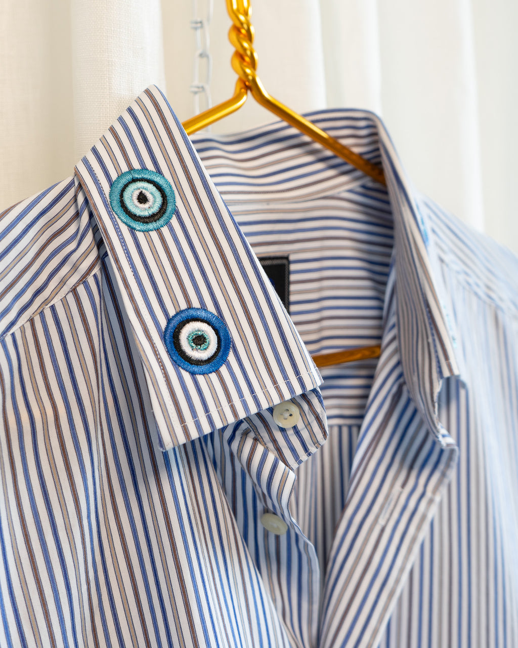 00s "Evil Eyes" Embroidered Collar Blue Brown Tan Striped Wide Collar Shirt