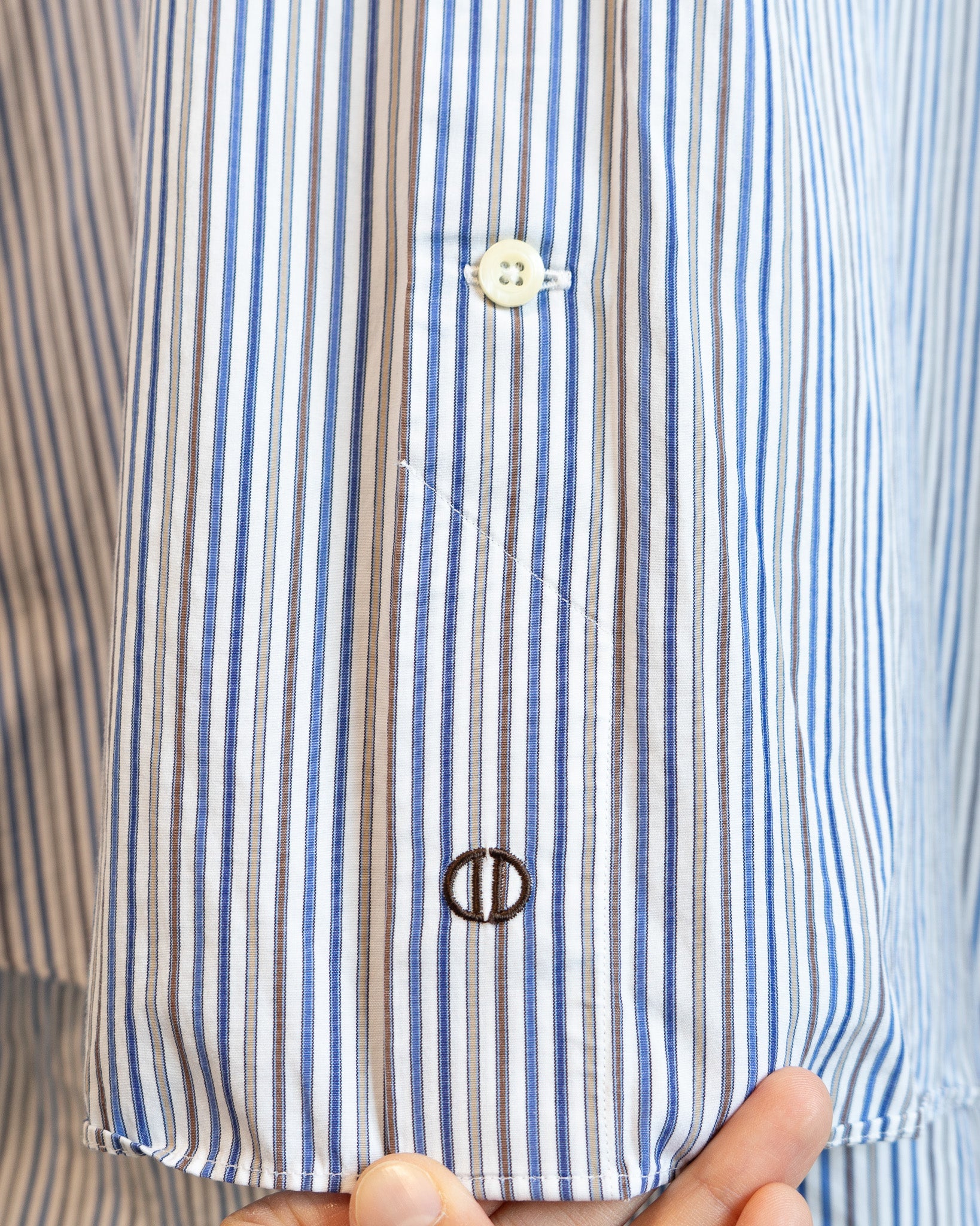 00s "Evil Eyes" Embroidered Collar Blue Brown Tan Striped Wide Collar Shirt