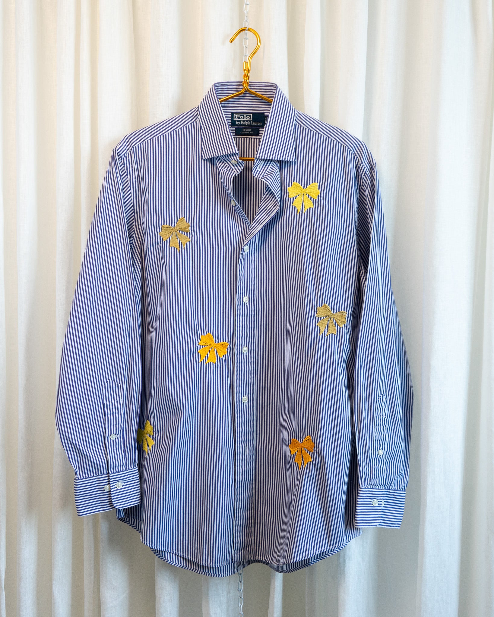 90s "Golden Bows" Embroidered POLO Ralph Lauren Navy Striped Shirt