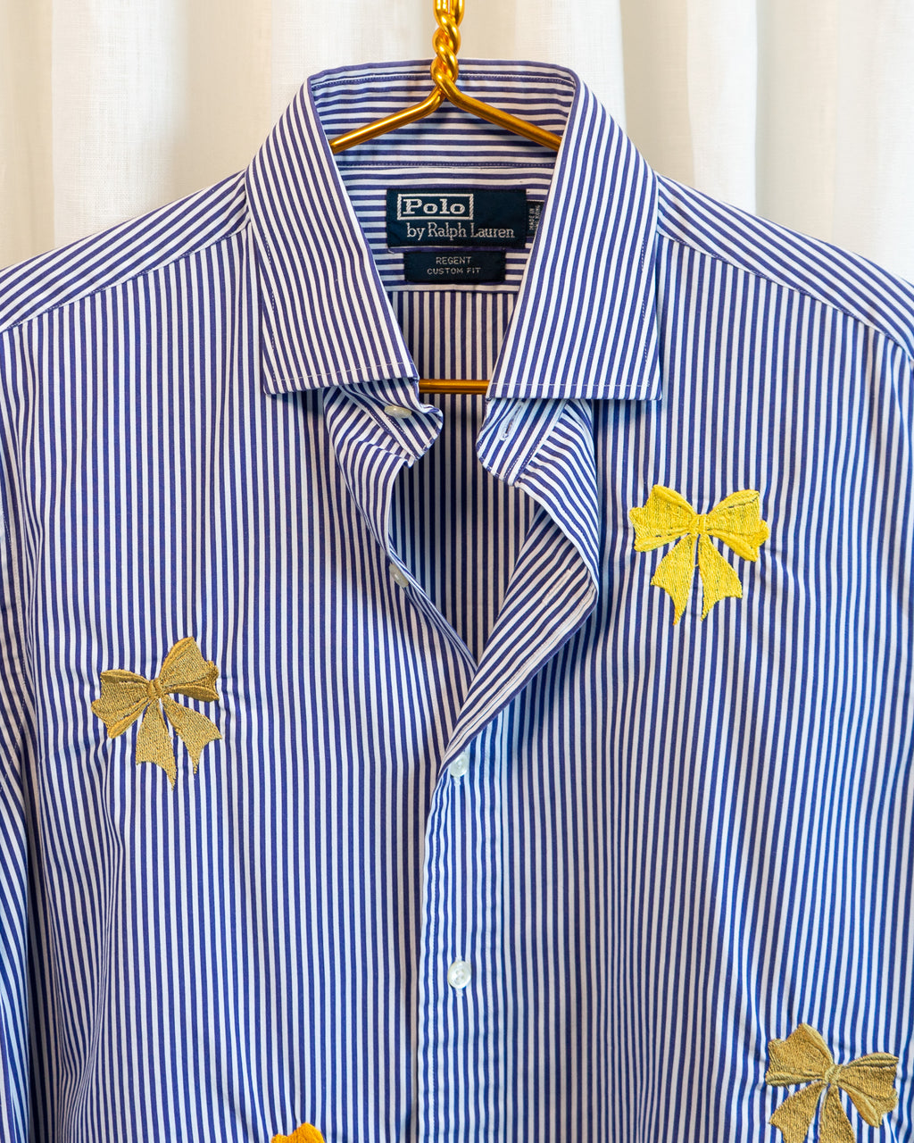 90s "Golden Bows" Embroidered POLO Ralph Lauren Navy Striped Shirt