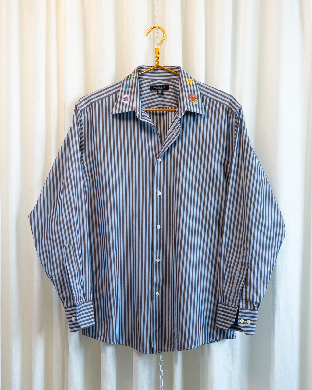 00s "Swedish Flowers" Embroidered Brown & Blue Striped Shirt