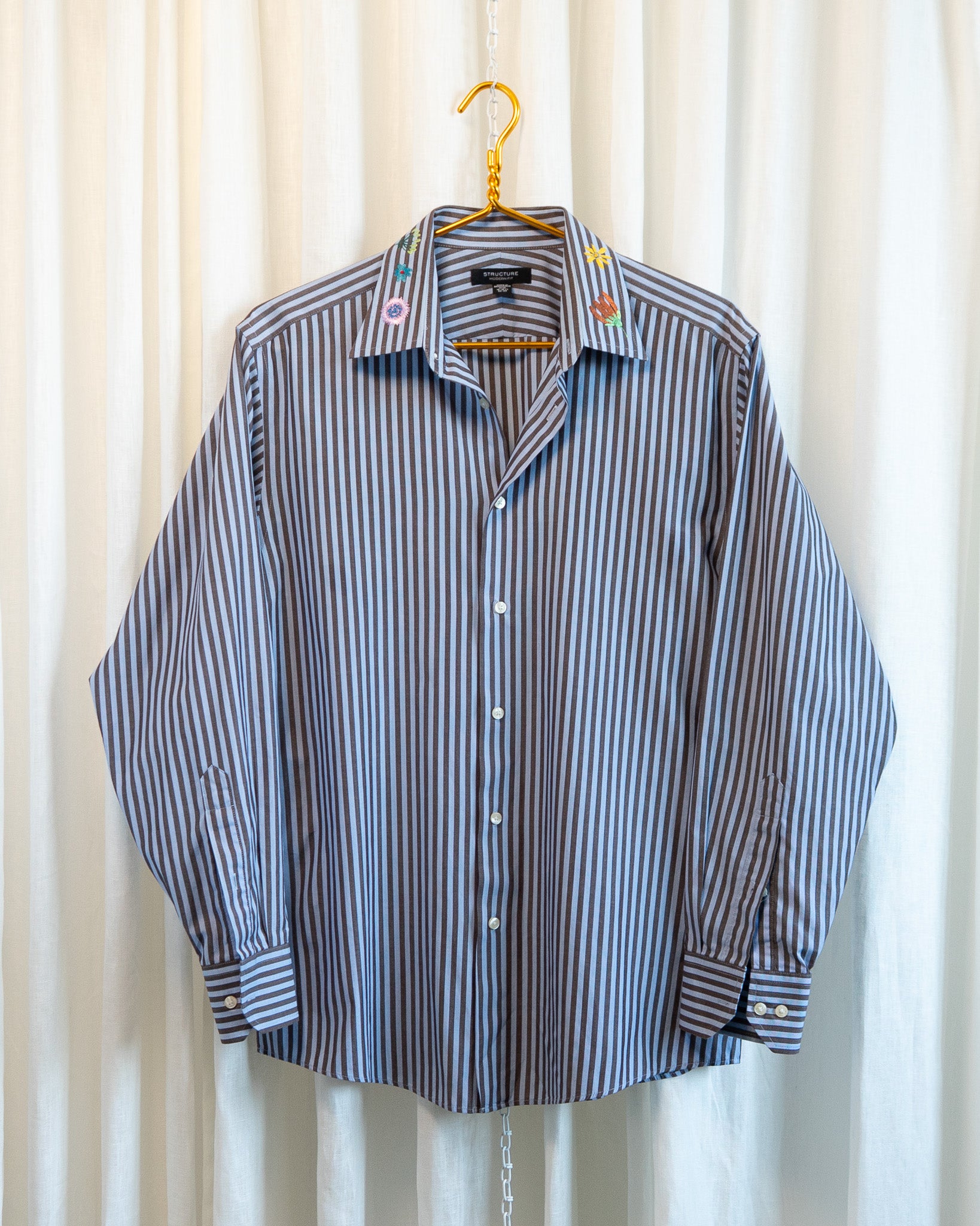 00s "Swedish Flowers" Embroidered Brown & Blue Striped Shirt